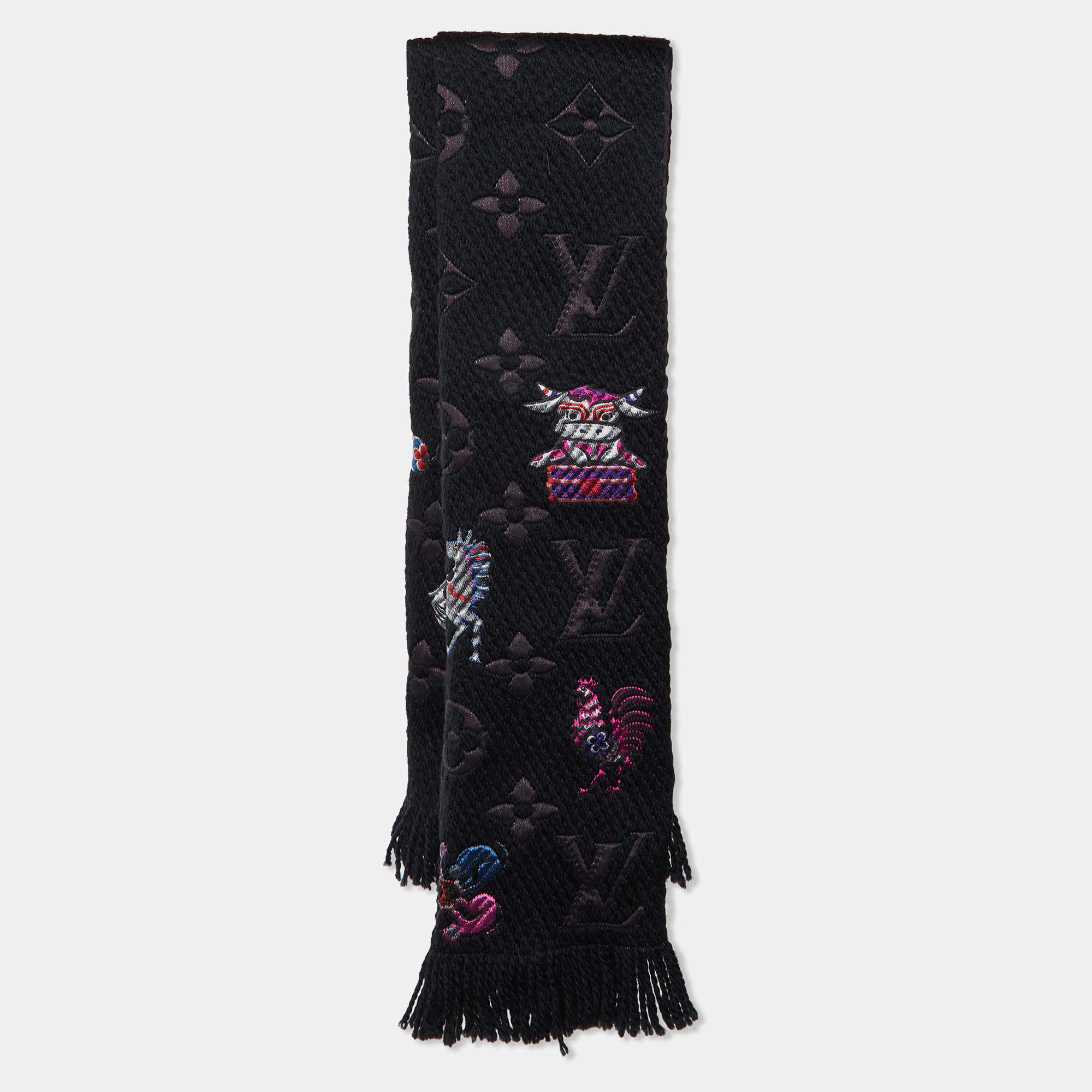 مملوكة مسبقًا Louis Vuitton Black Superstition Logomania Silk & Wool Scarf