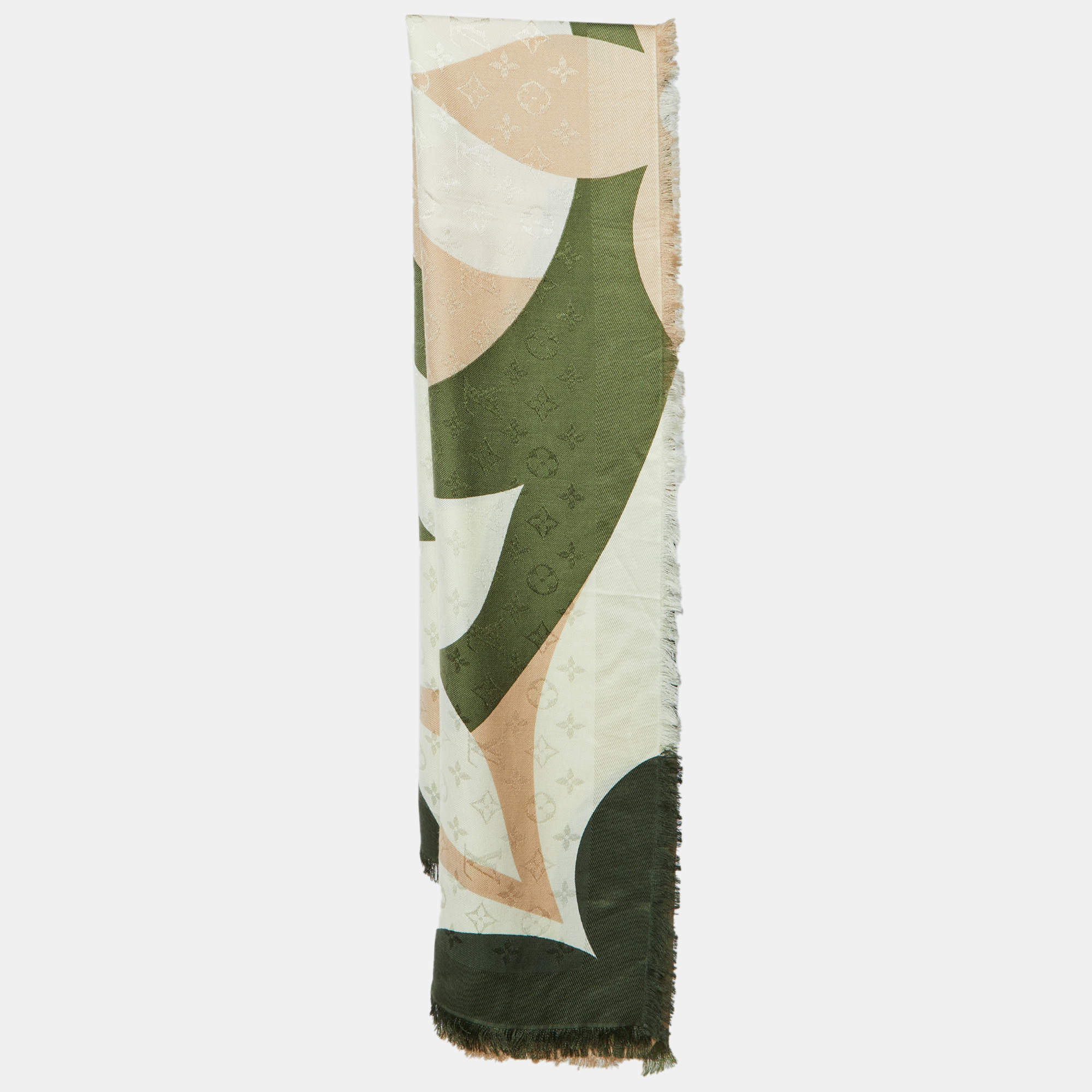 Pre Owned Louis Vuitton Green/Beige Monogram Kaleidogram Silk & Wool Shawl