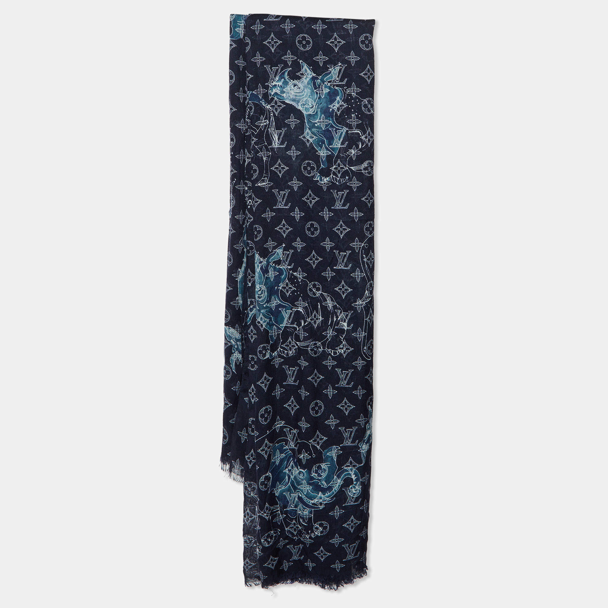 Pre Owned Louis Vuitton Navy Blue Monogram Chapman Brothers Wool & Silk Scarf