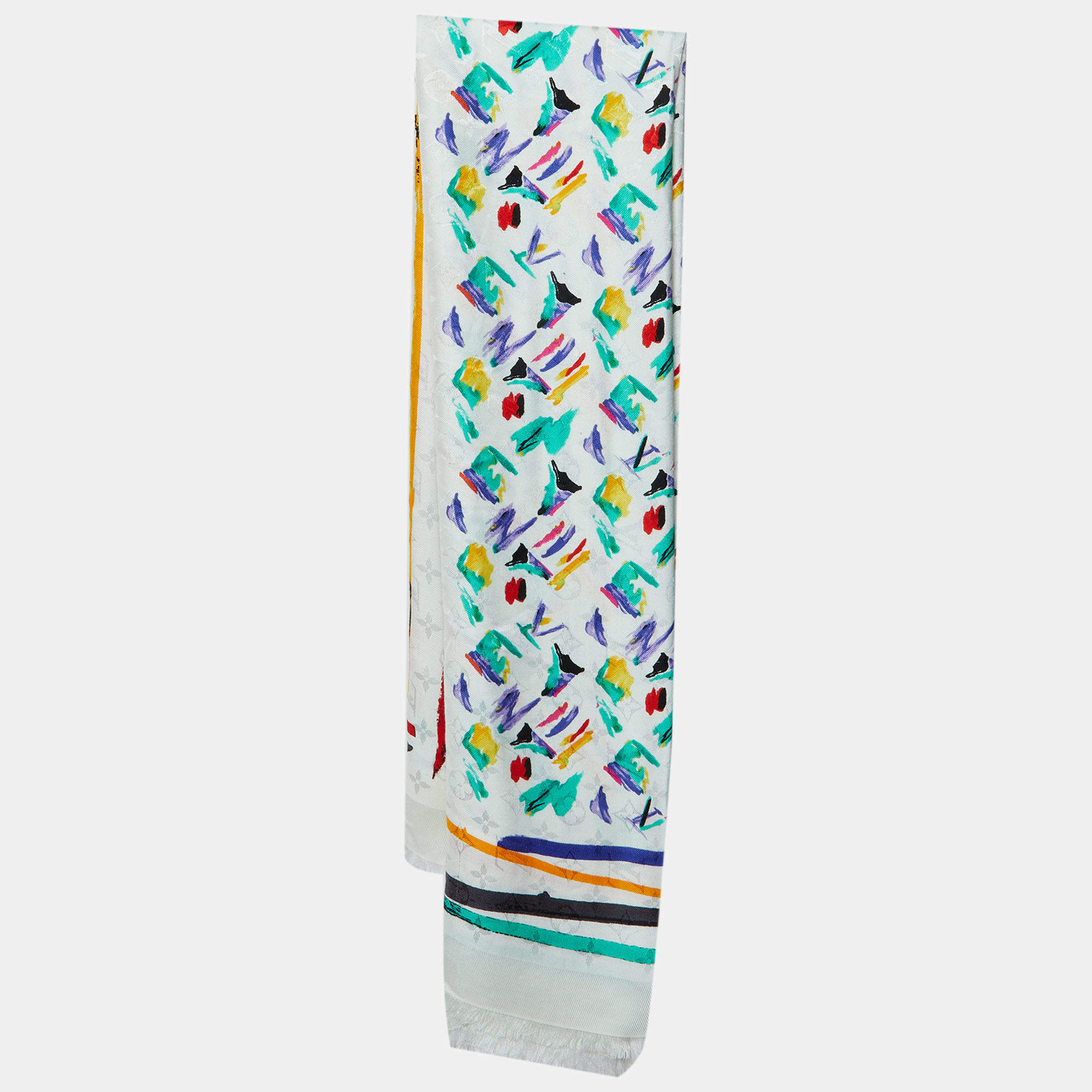 Pre Owned Louis Vuitton White Monogram Splash Silk & Wool Shawl
