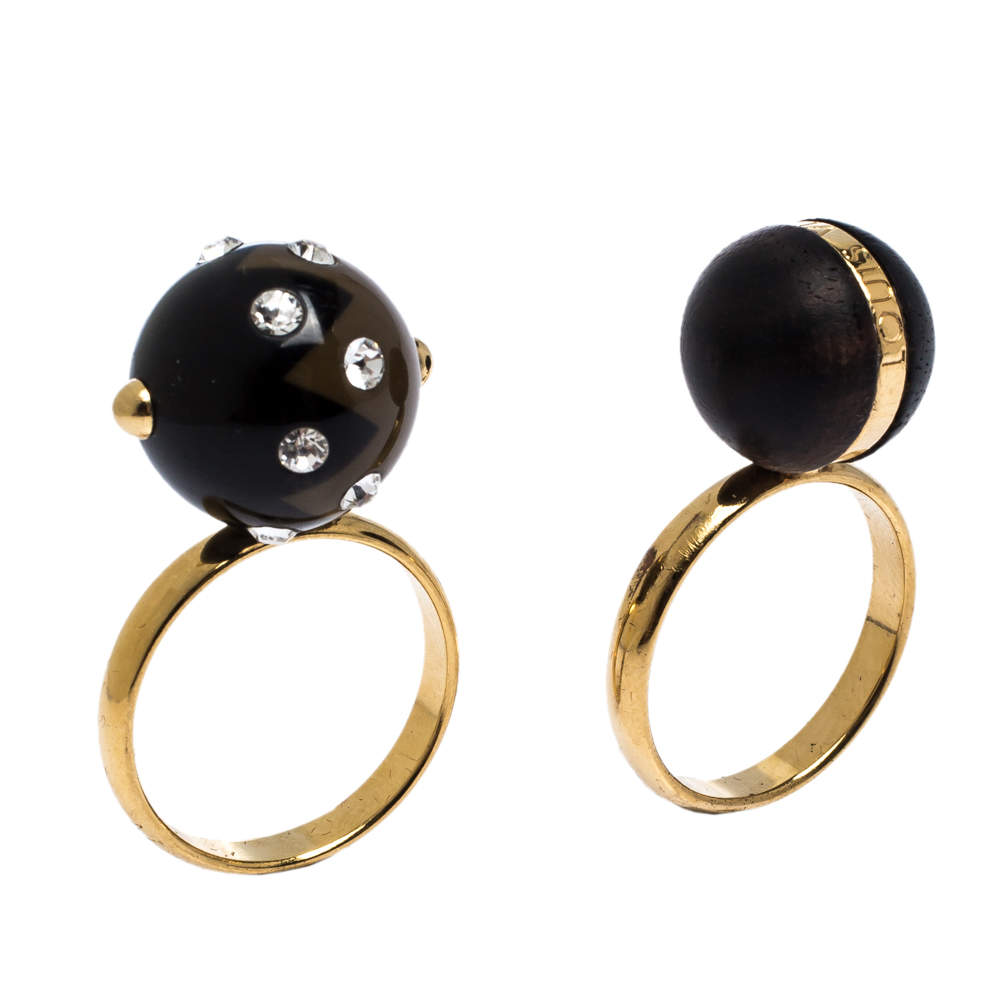Pre Owned Louis Vuitton Enamel Crystal & Wooden Ball Gold Tone Set of Two Rings M