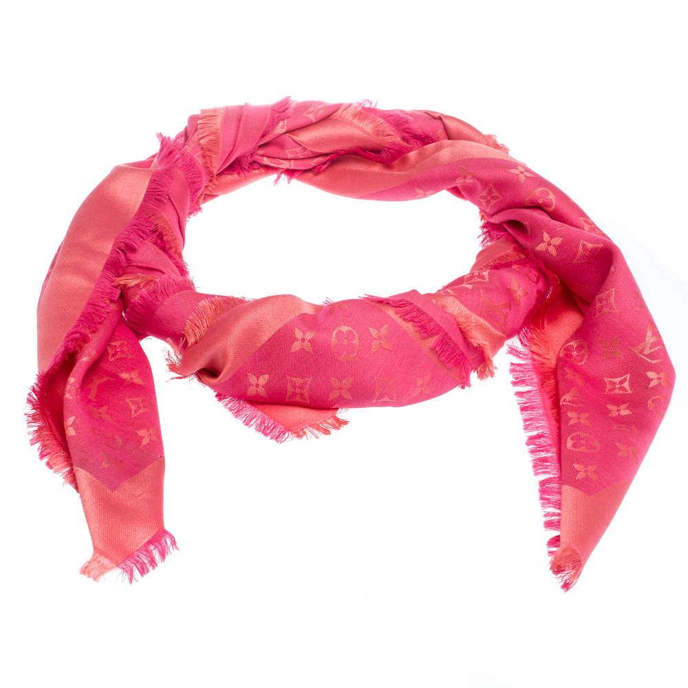 Louis Vuitton Rose Pink Silk Wool Denim Monogram Shawl