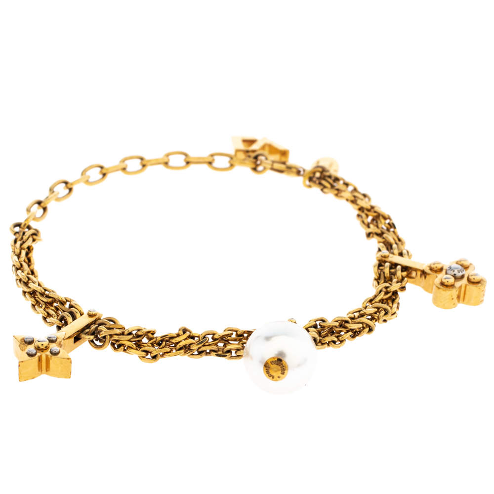 Louis Vuitton Faux Pearl Charm Gold Tone Chain Link Bracelet Louis ...