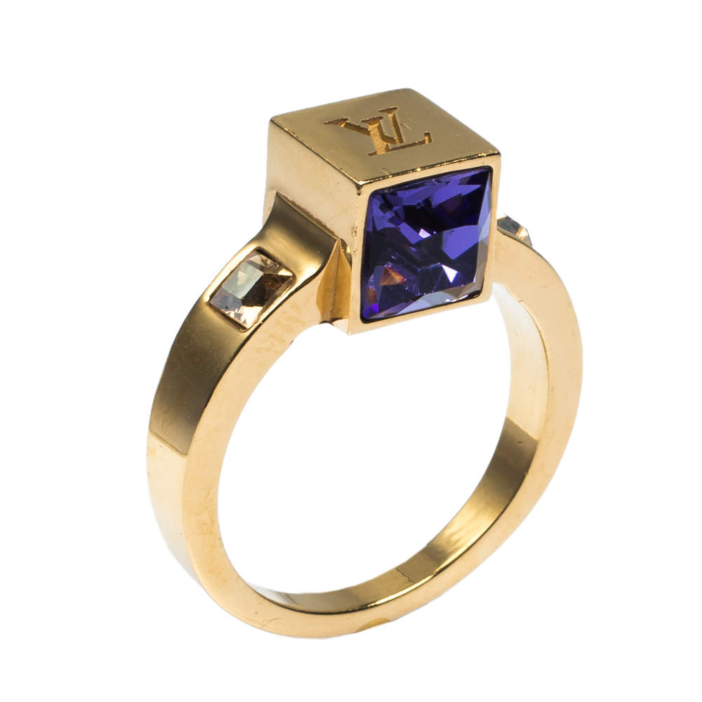 Louis Vuitton Gamble Crystal Gold Tone Ring Size EU 52.5