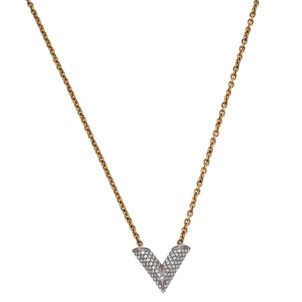 Louis Vuitton Two Tone Crystal Essential V Pendant Necklace