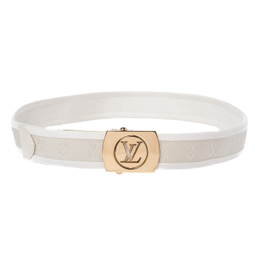 Pre Owned Louis Vuitton White Monogram Canvas Logo Plague Buckle Belt 80CM