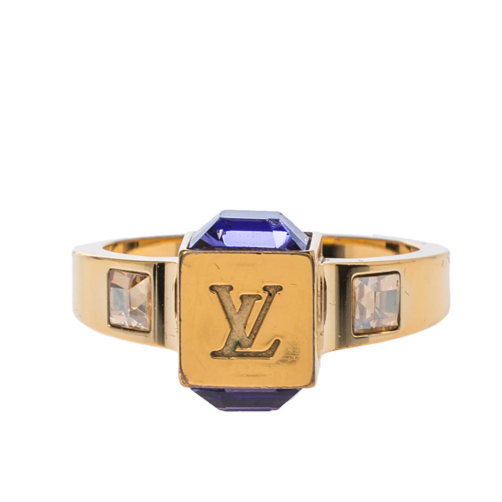 Louis Vuitton Gold Tone Crystal Gamble Ring Size EU 53 Louis