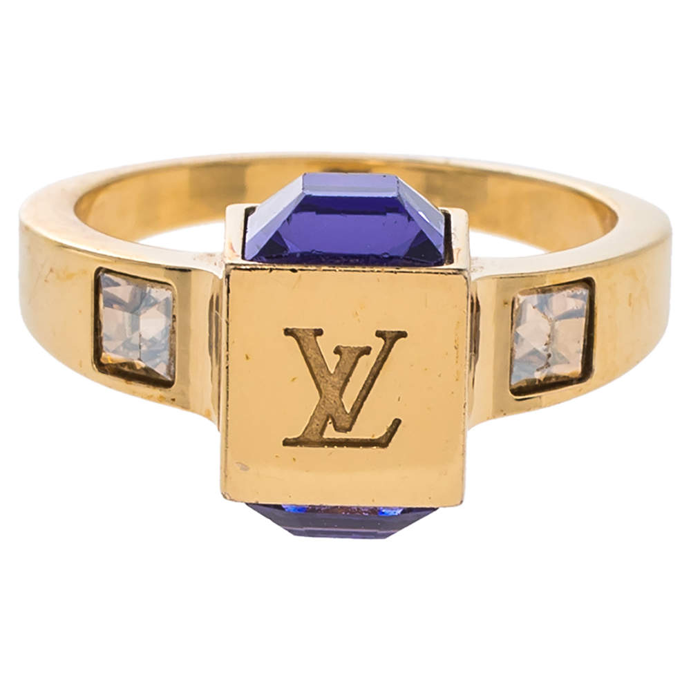 Louis Vuitton Gamble Crystal Gold Tone Ring Size EU 53