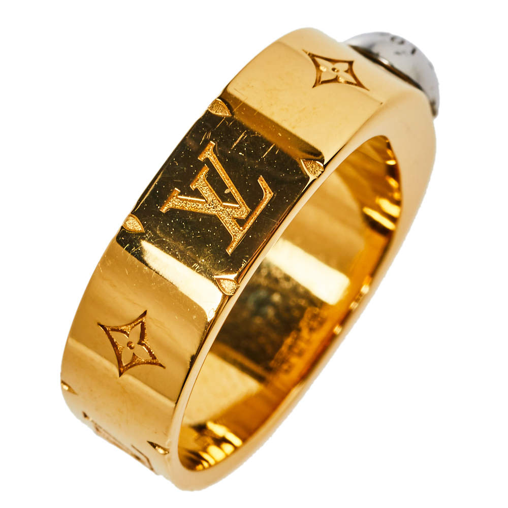 Louis Vuitton Gold Tone Monogram LV Nanogram Ring S 861982