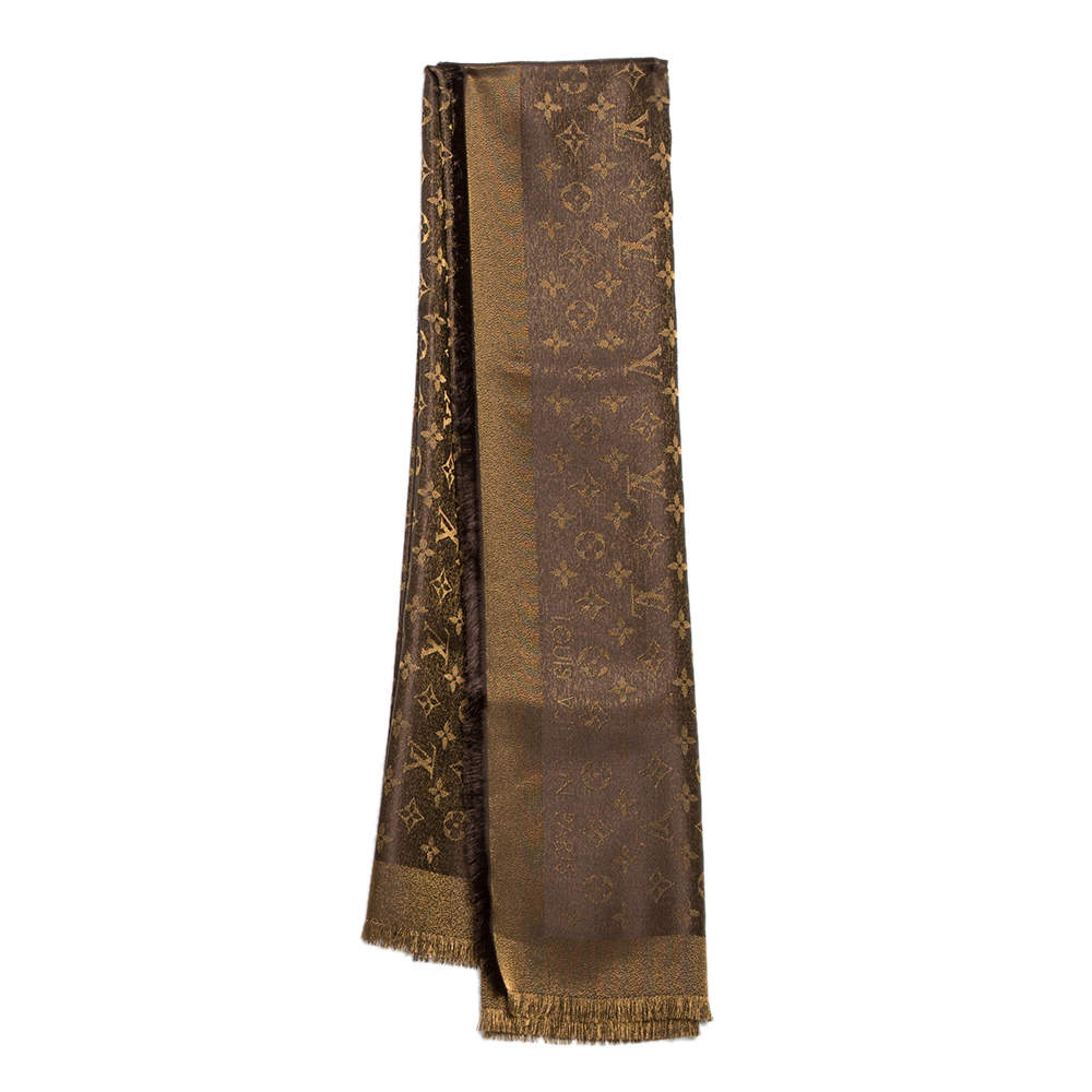 مملوكة مسبقًا وشاح لوي فيتون لامع صوف وحرير مونوغرامي بني