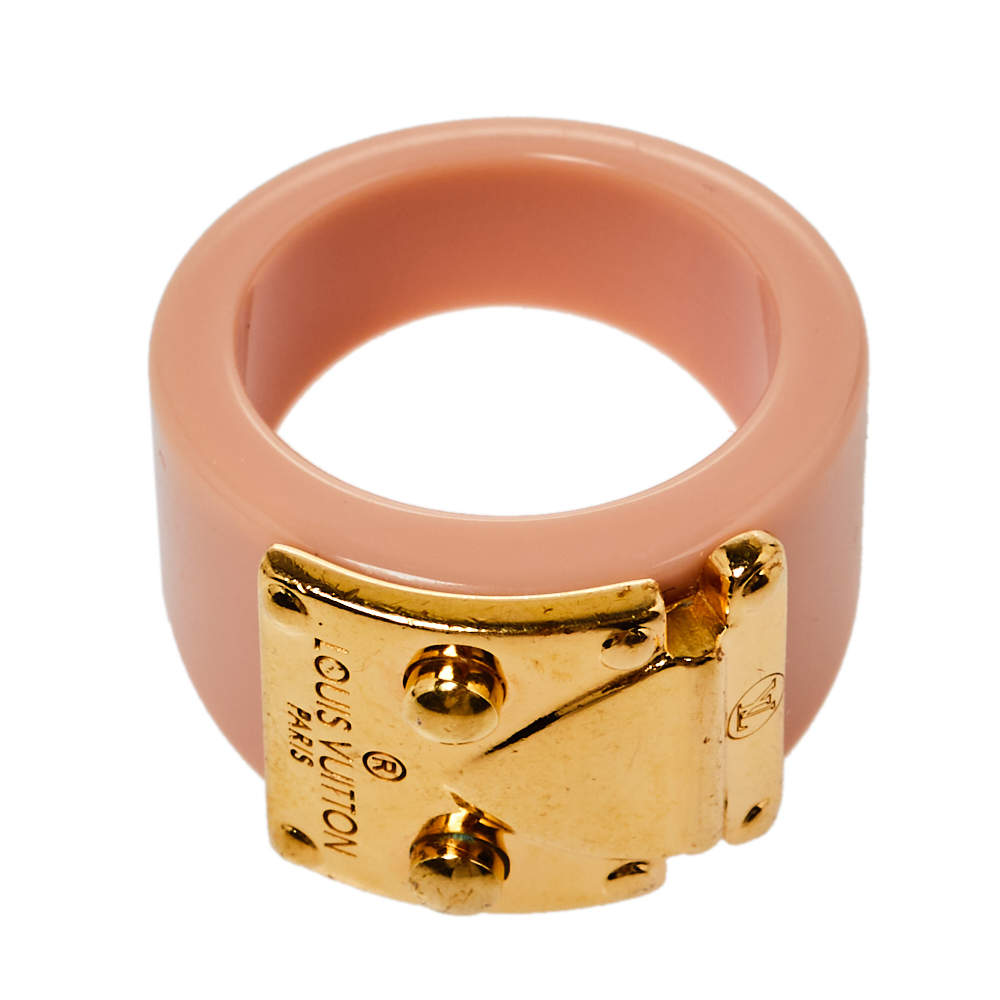 Louis Vuitton Lock Me Blush Pink Resin Gold Tone Ring Size 54