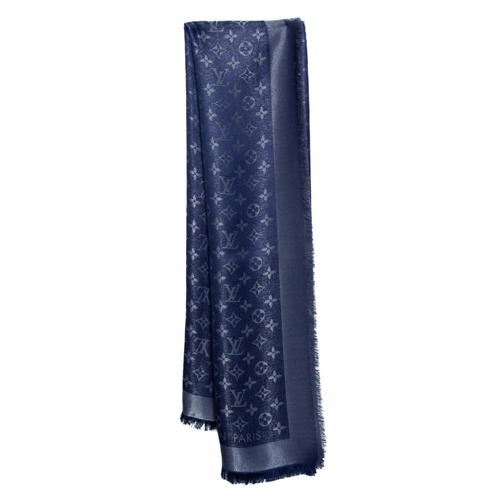 مملوكة مسبقًا Louis Vuitton Navy Blue Lurex Wool & Silk Monogram Shine Square Shawl
