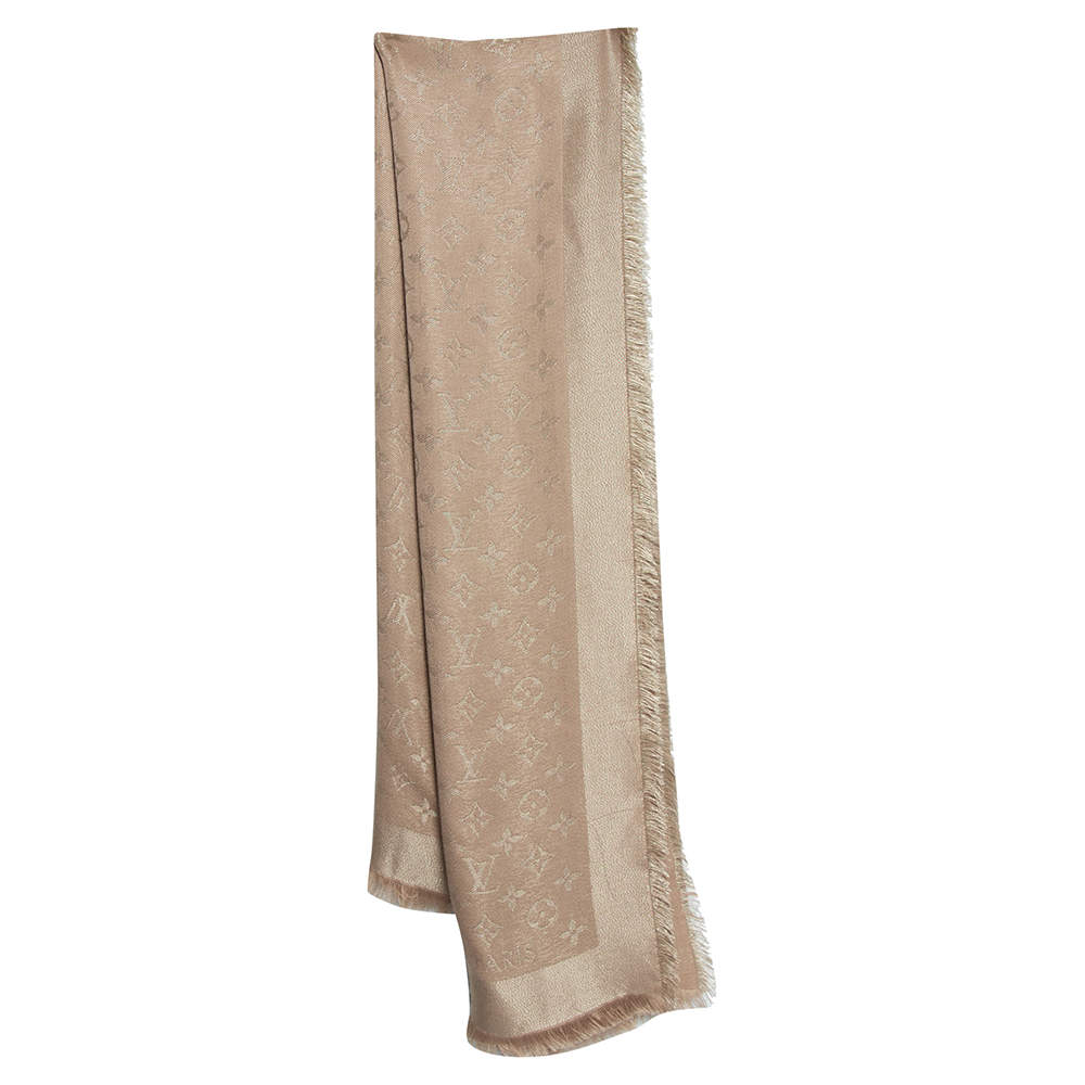 Pre Owned Louis Vuitton Beige Logo Monogram Wool & Silk Shine Shawl 