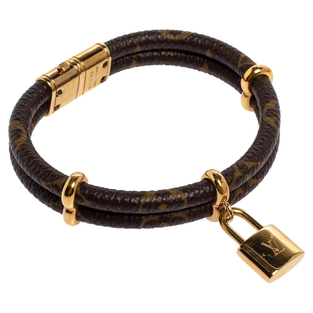 Louis Vuitton Brown Monogram Leather Gold Tone Lock Charm Keep it Twice  Bracelet Louis Vuitton