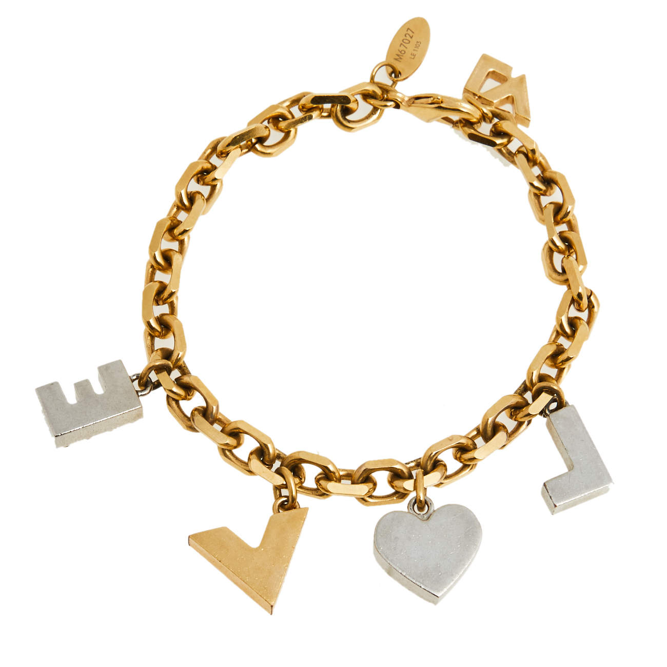 Louis Vuitton Gold Tone Studded Love Charm Bracelet