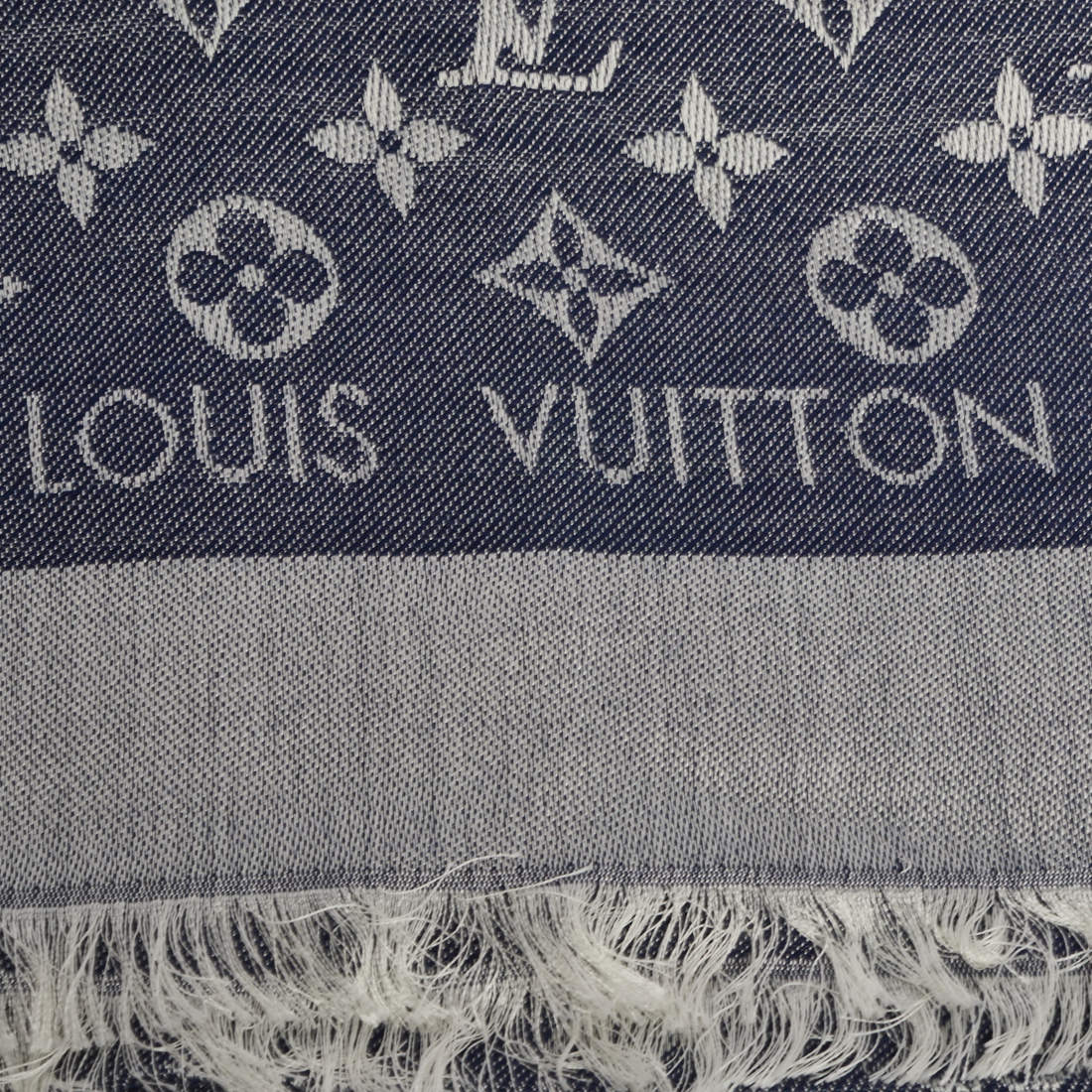LOUIS VUITTON Silk Wool Monogram Denim Shawl Blue 1265576