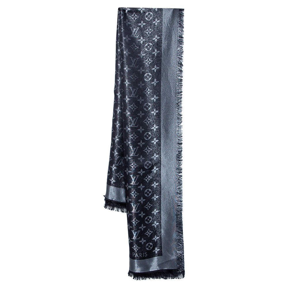 LOUIS VUITTON Silk Lurex Wool Monogram Shine Shawl Black 71109