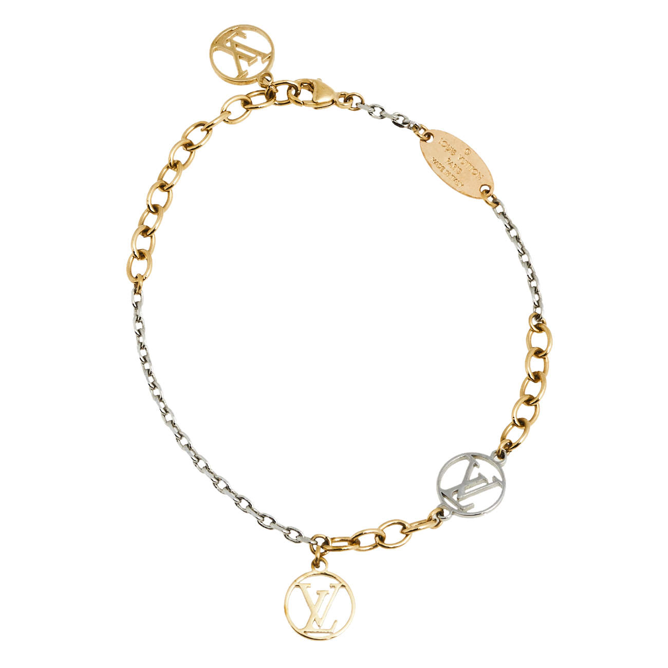 Louis Vuitton Gold & Silver Tone Logo Charm Logomania Bracelet