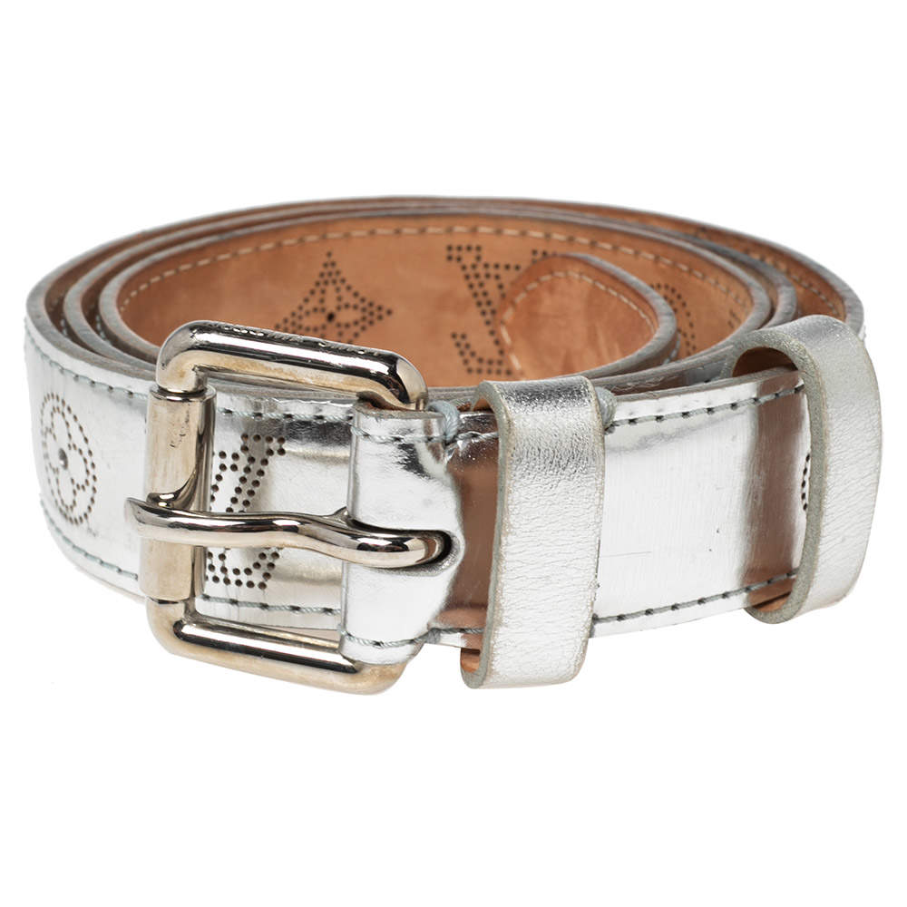 Louis Vuitton Silver Perforated Monogram Laminated Leather Buckle Belt 90CM Louis  Vuitton