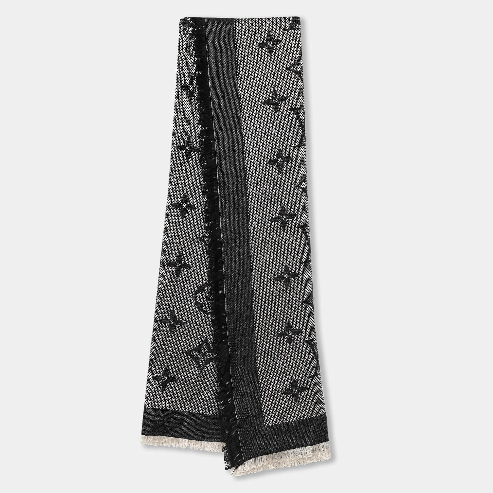 Pre Owned Louis Vuitton Black & Beige Monogram Wool & Silk Shawl