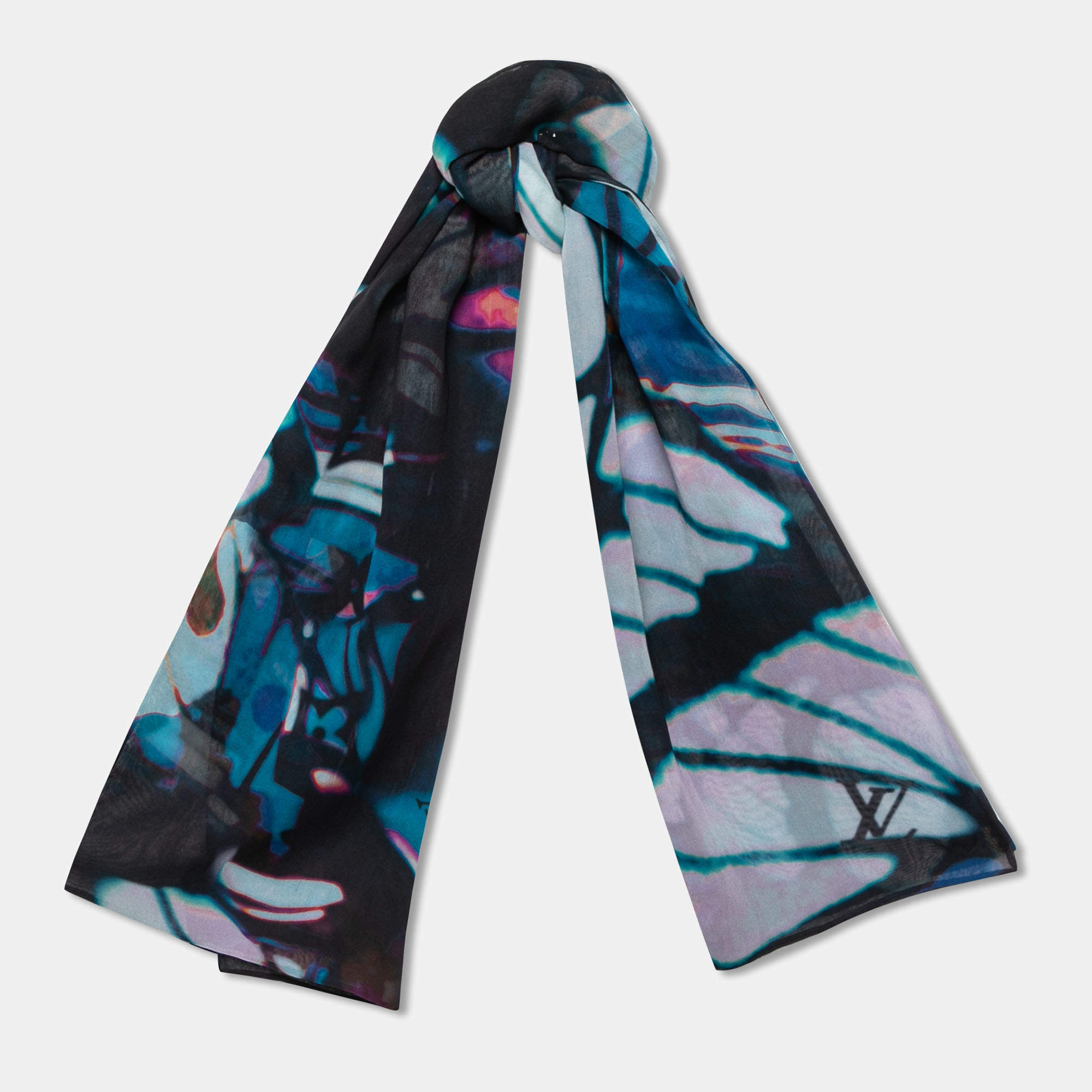 Louis Vuitton Multicolor Butterfly Motif Printed Detail Silk Scarf