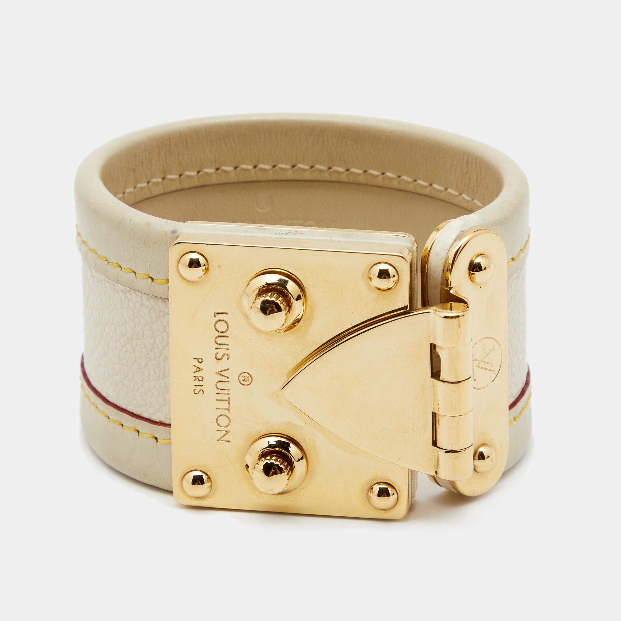 Louis Vuitton, Jewelry, Louis Vuitton Suhali White Leather Bracelet Cuff  Gold Slock