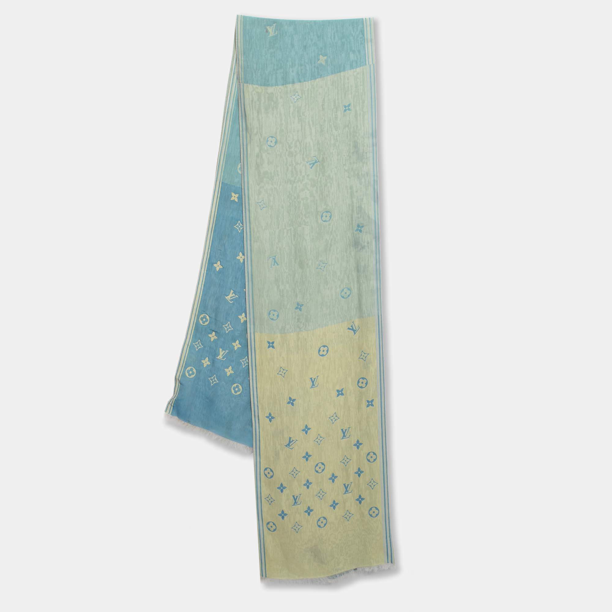 Louis Vuitton Blue/Yellow Monogram Stars Linen/Silk Stole Scarf