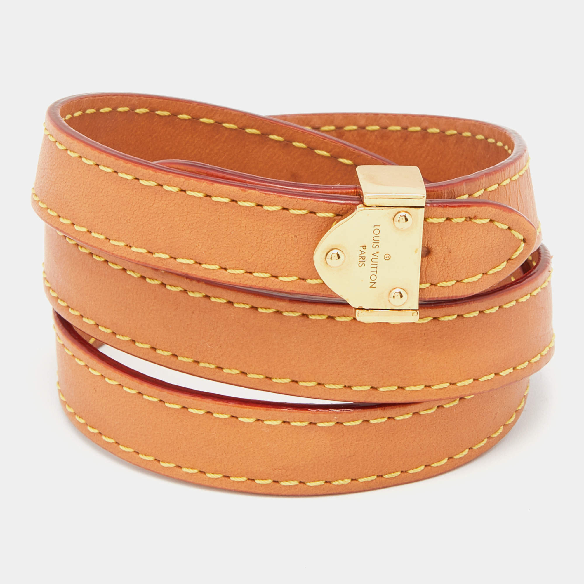 Pre Owned Louis Vuitton Tan Brown Leather Box It Triple Tour Bracelet 17