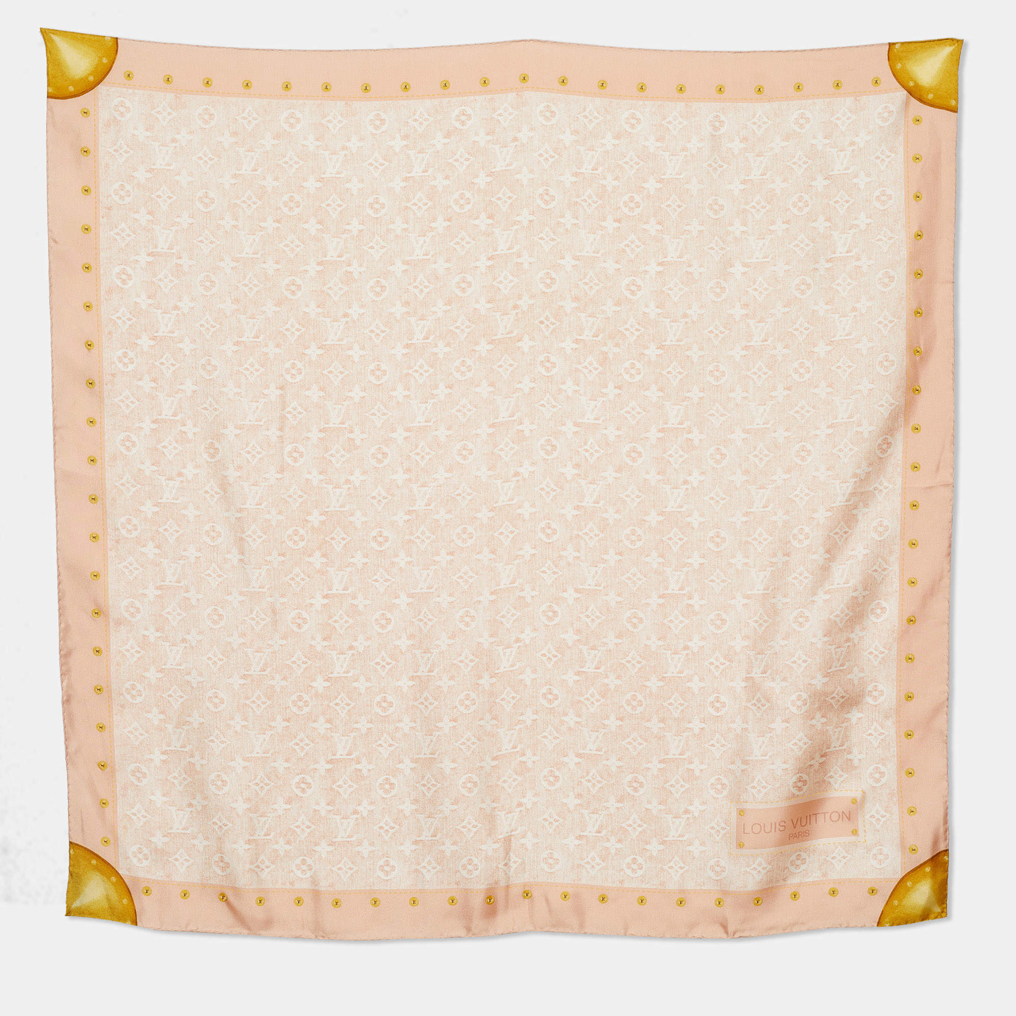 Pre Owned Louis Vuitton Pale Pink & Gold Monogram Print Silk Scarf