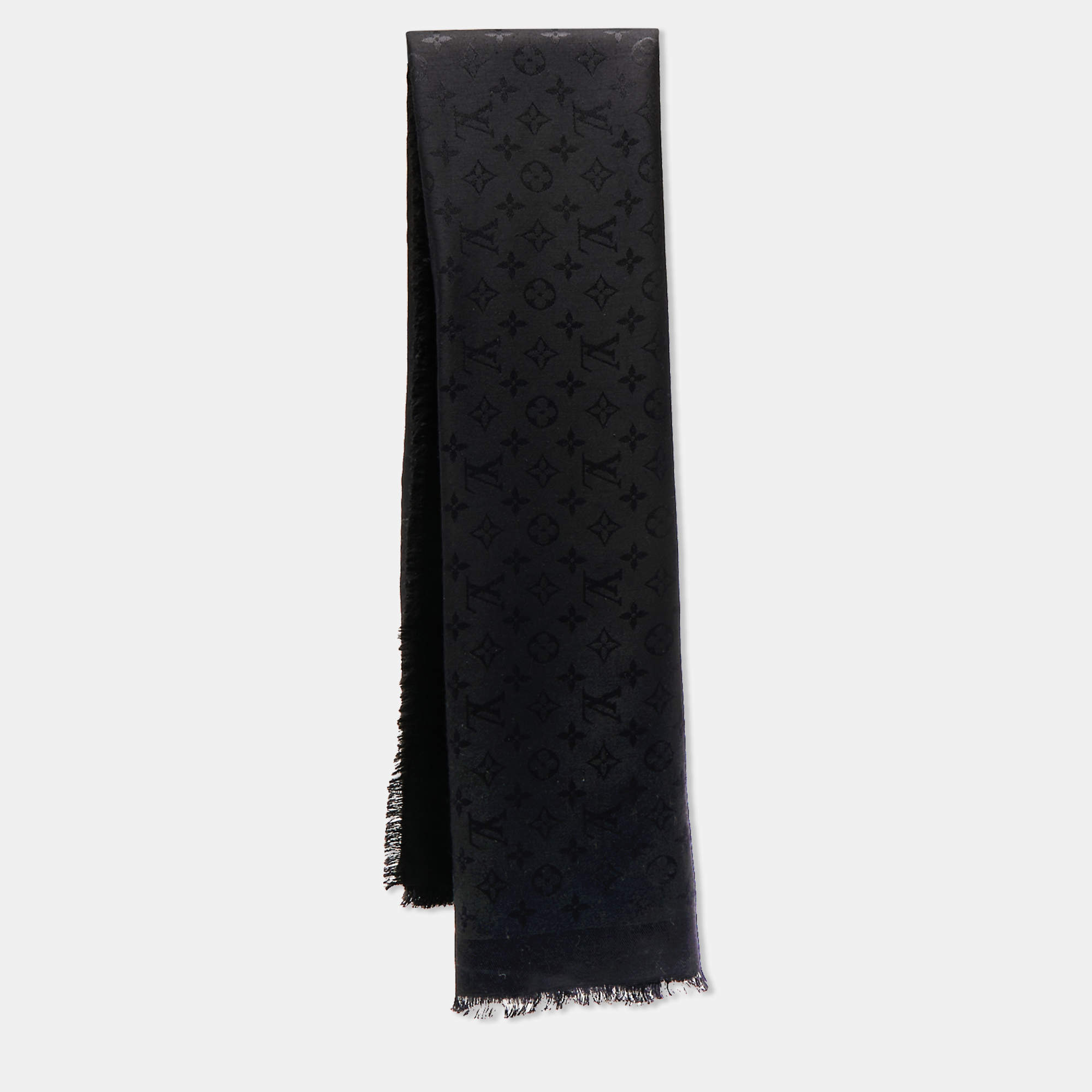 LOUIS VUITTON Silk Wool Monogram Shawl Black 1311042