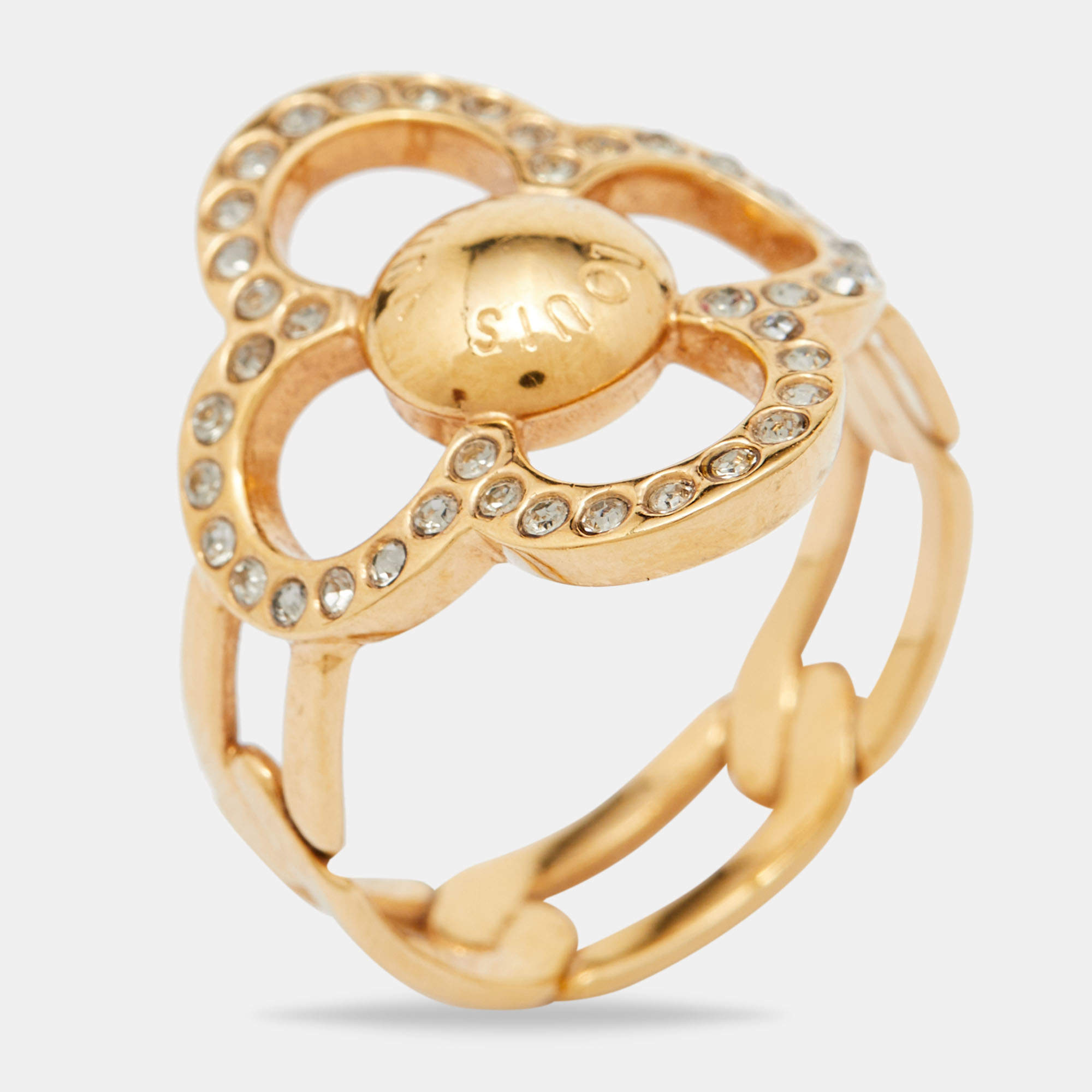 Louis Vuitton Gold Tone Crystal Monogram Flower Ring Size 55