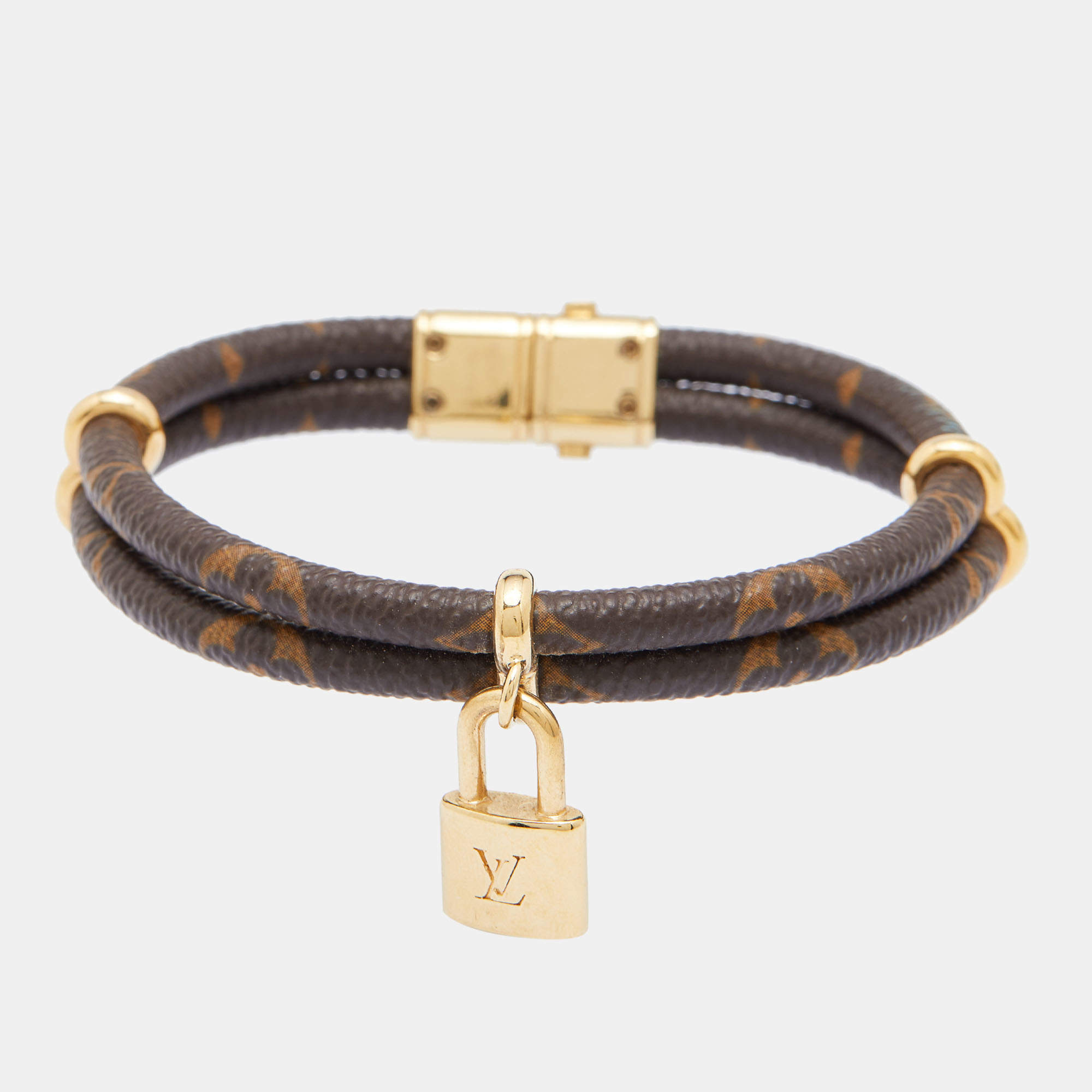 Authentic Louis Vuitton Leather Monogram LV Tag Bracelet 19cm