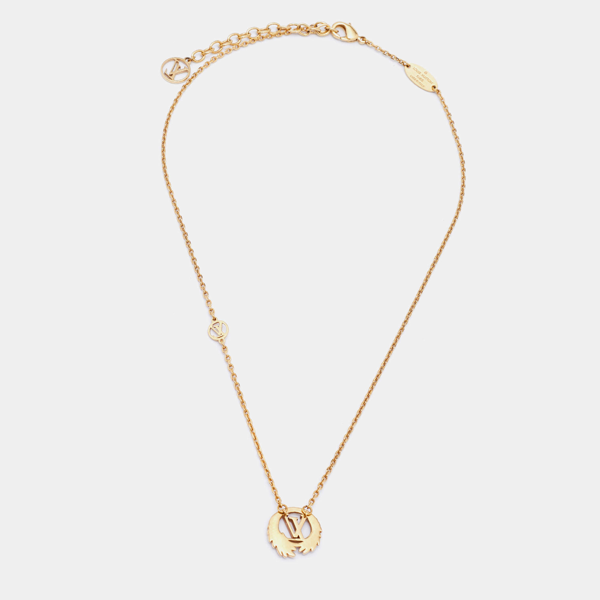 Louis Vuitton Gold Tone Collier Logo Angel Pendant Necklace in 2023
