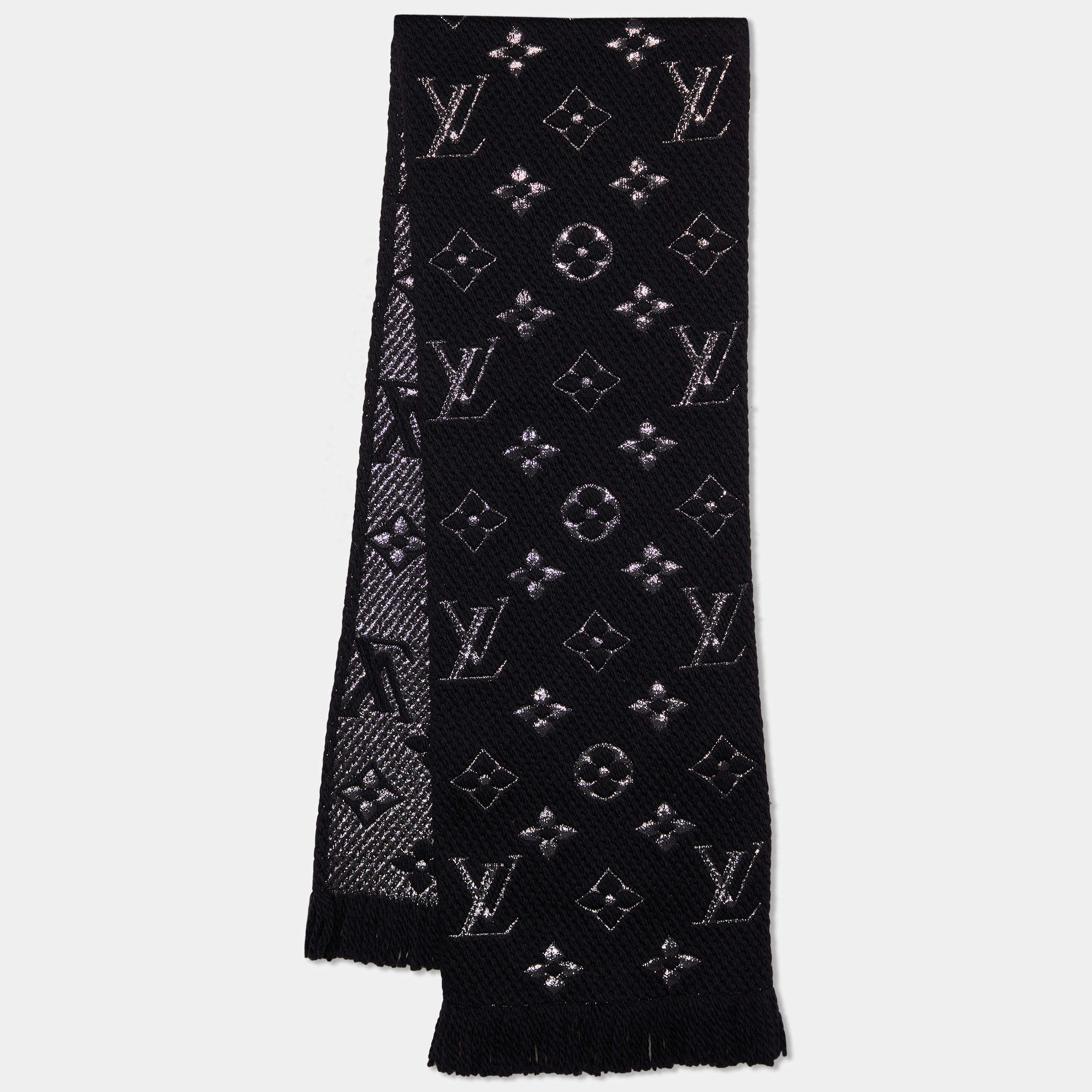 Pre Owned Louis Vuitton Black Wool & Silk Logomania Shine Scarf