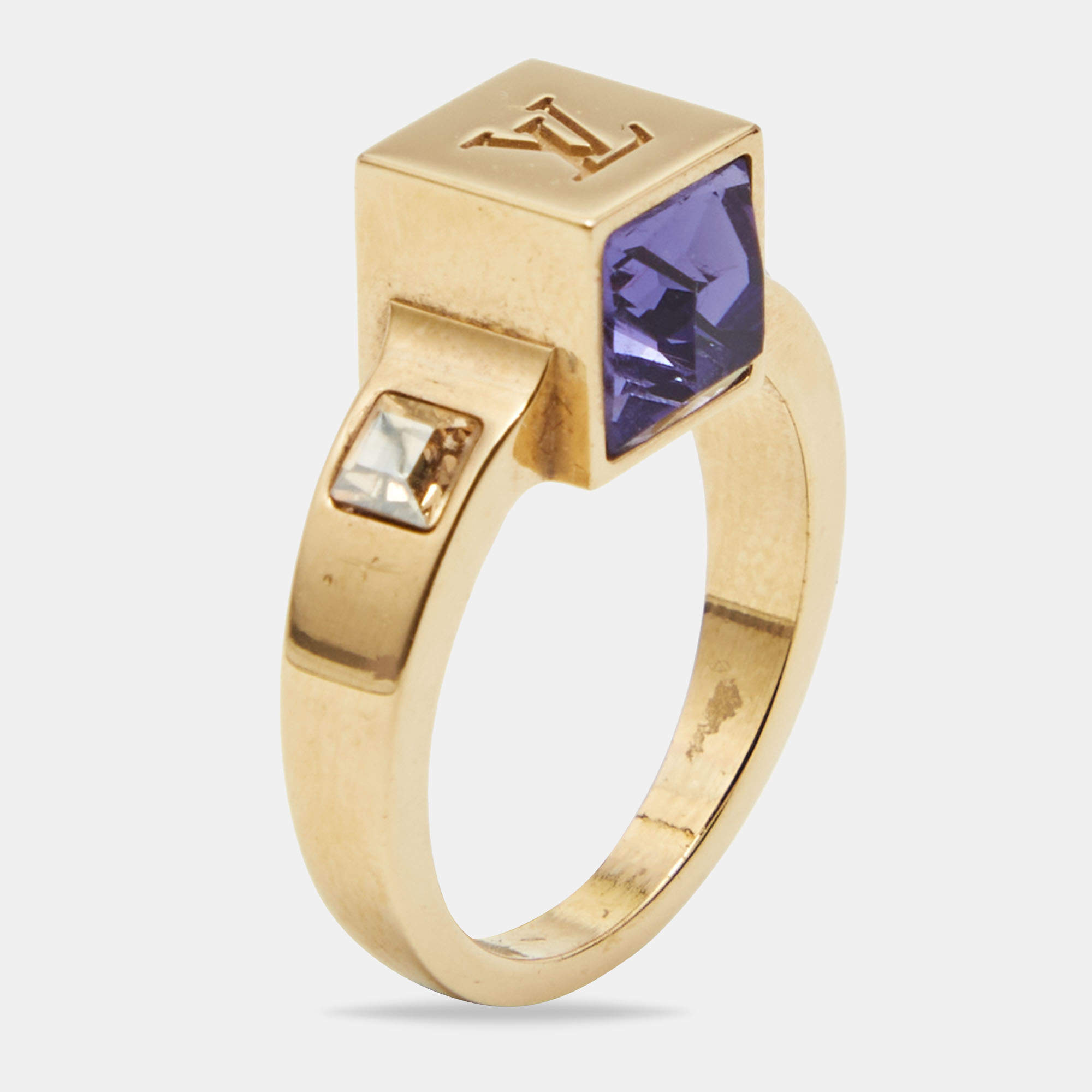 Louis Vuitton Gamble Crystal Gold Tone Ring Size L Louis Vuitton