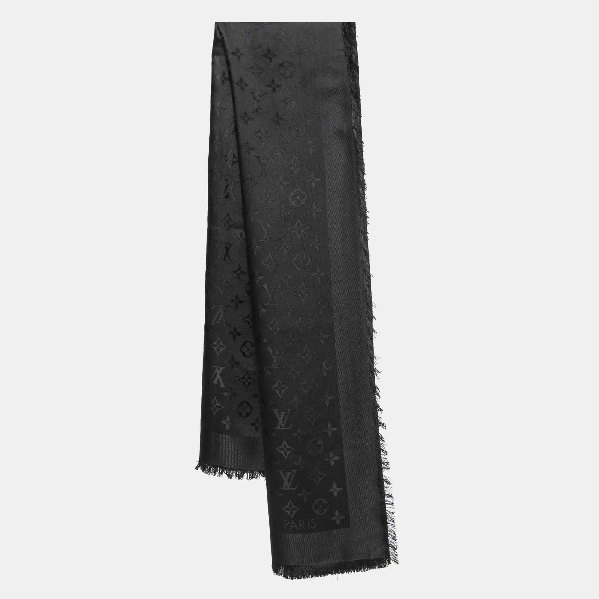 Louis Vuitton Black Classique Monogram Silk & Wool Shawl