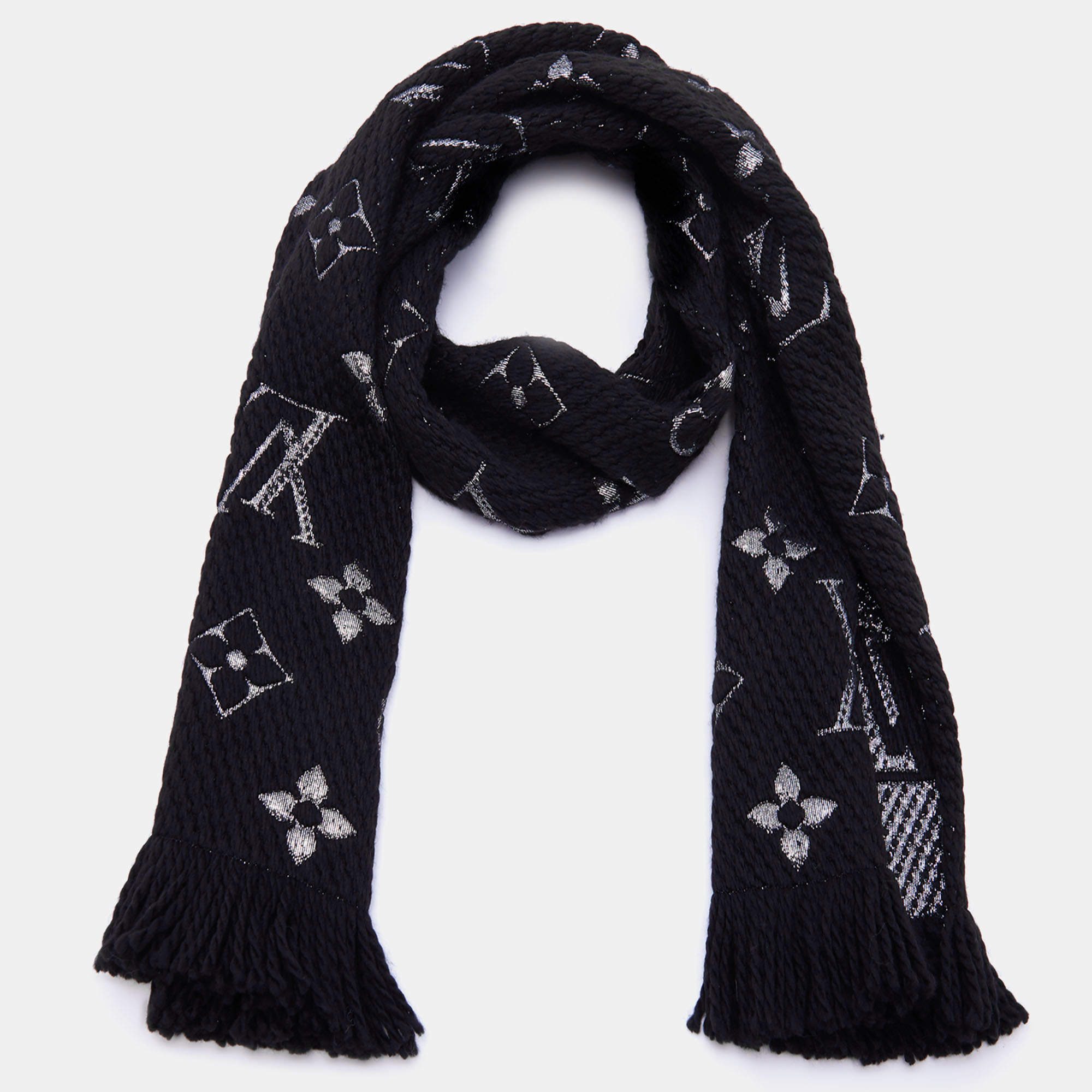 Louis Vuitton Black Wool & Silk Logomania Shine Scarf