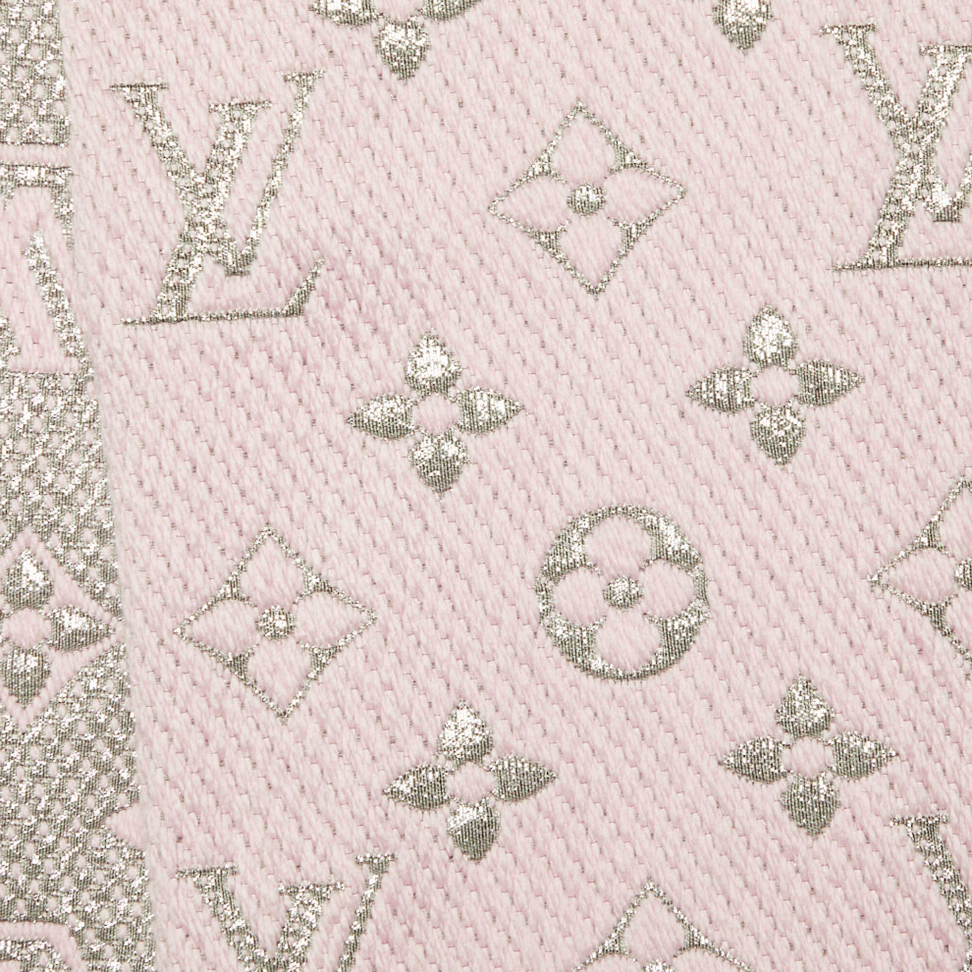 Louis Vuitton Light Pink Lurex Silk & Wool Logomania Fringed Scarf