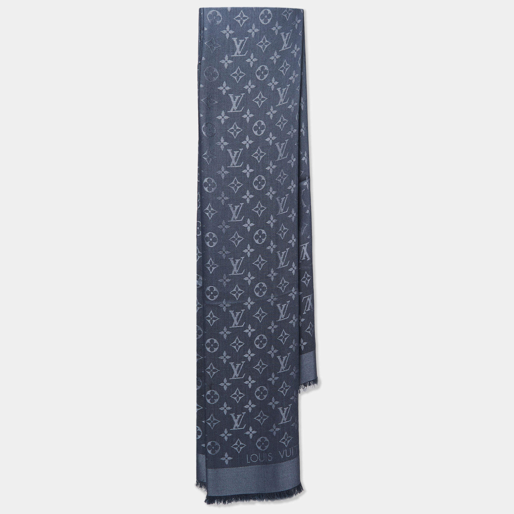 Pre Owned Louis Vuitton Carbone Silk & Wool Classique Monogram Shawl