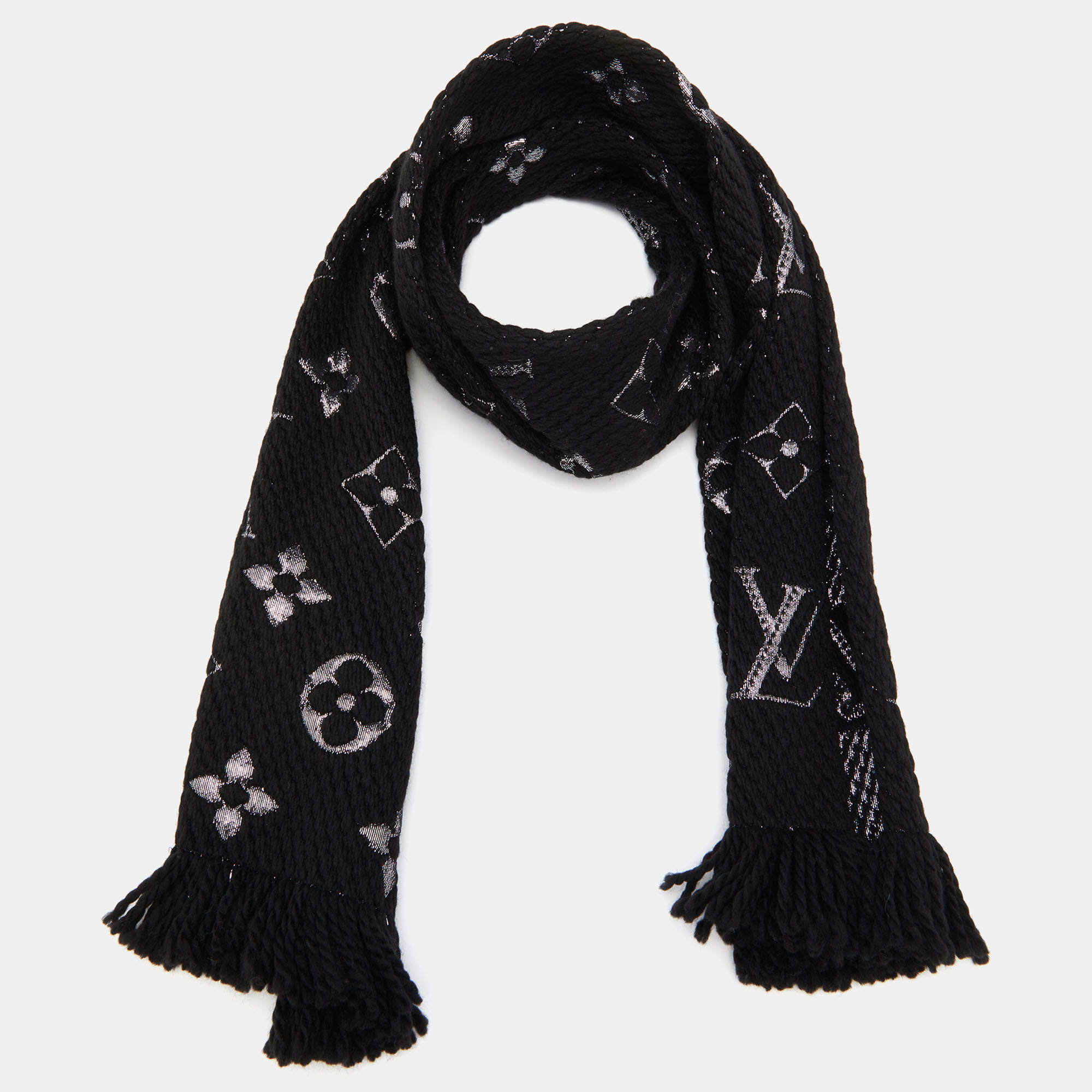 Louis Vuitton Stories Logomania Embellished Muffler Scarf Black Wool Silk  Knit