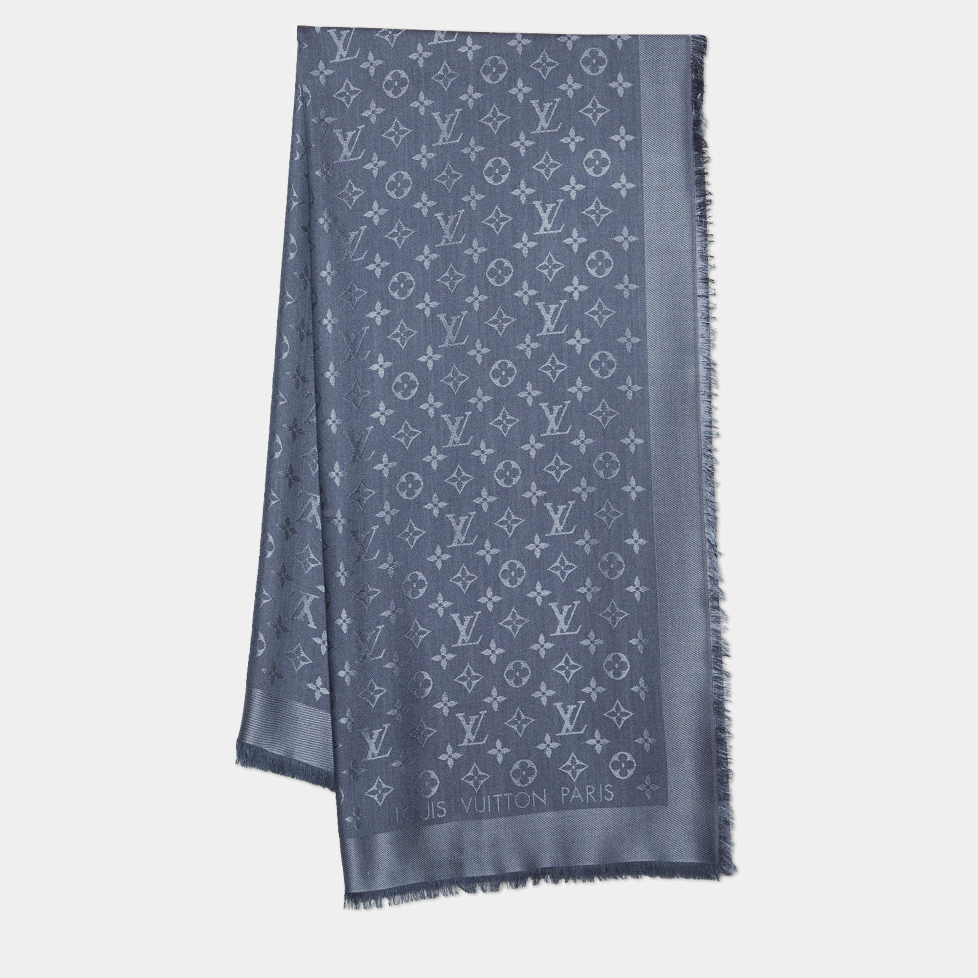 Pre Owned Louis Vuitton Charcoal Grey Wool & Silk Classique Monogram Shawl