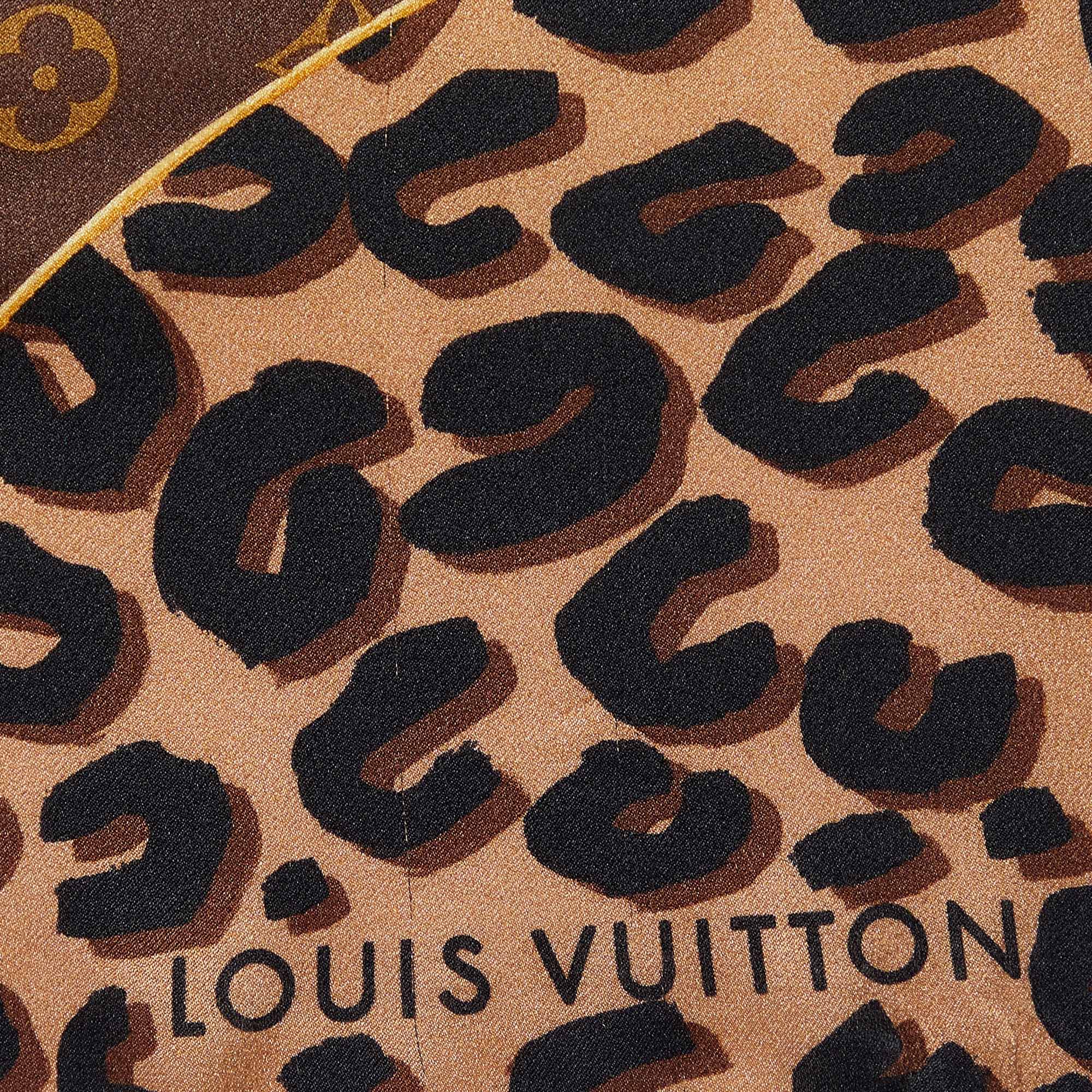 Louis Vuitton Monogram Flower Leopard Print Square Brown Silk Scarf