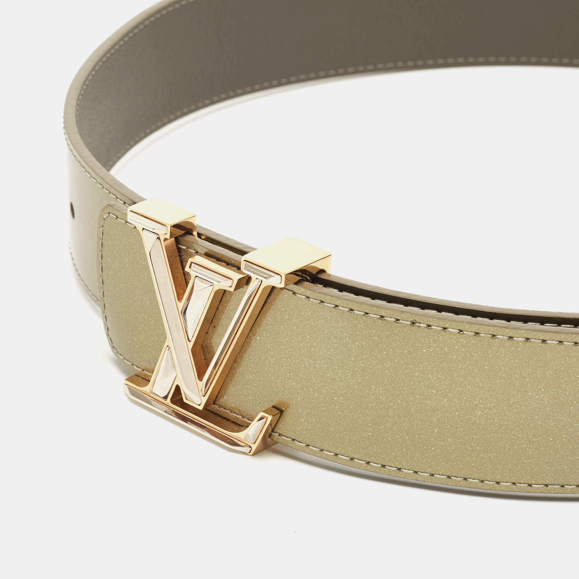 Louis Vuitton Vintage Vernis Green Logo initials Gold Belt (Size 75/30)