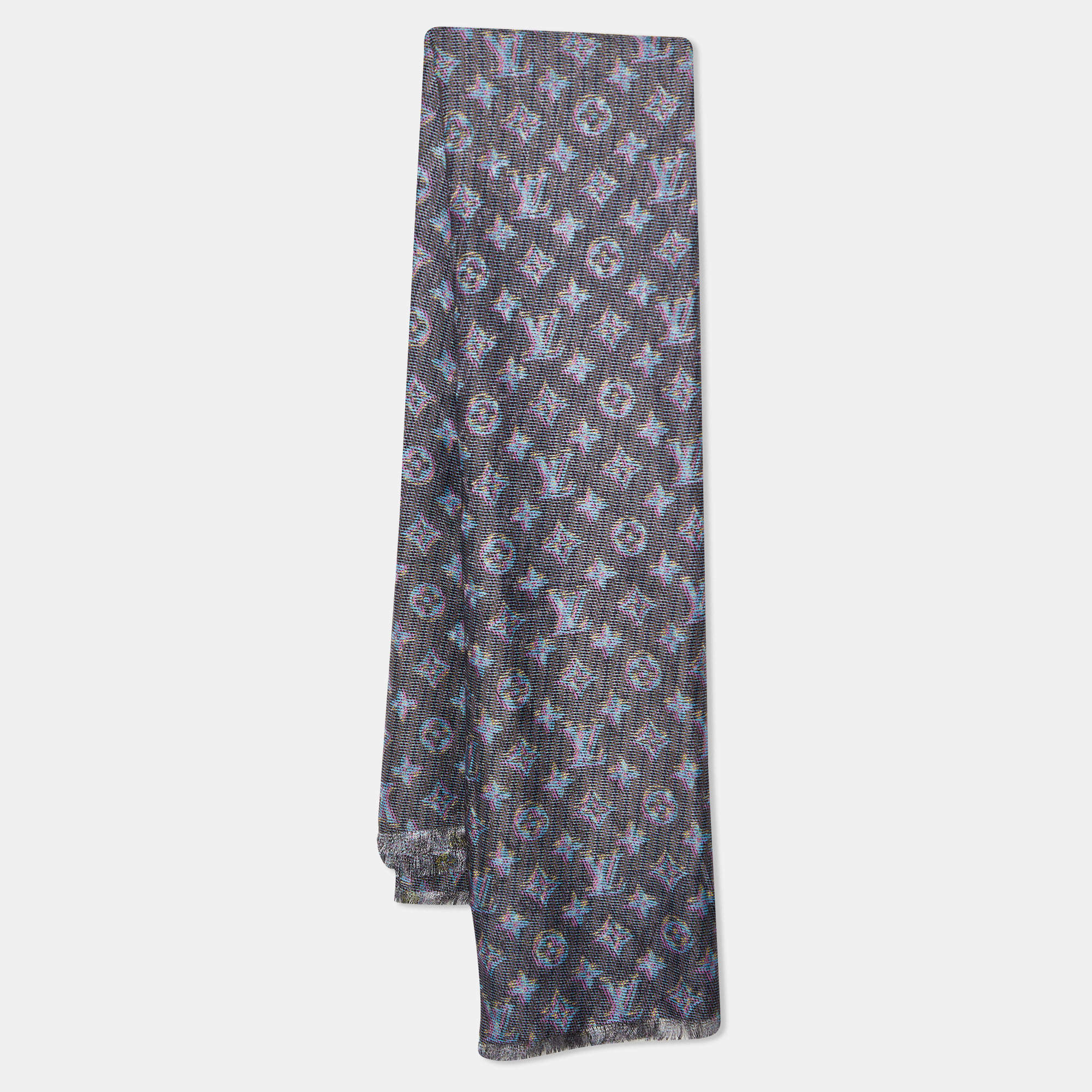 Pre Owned Louis Vuitton Black Logo Monogram Silk & Wool Pop Shawl