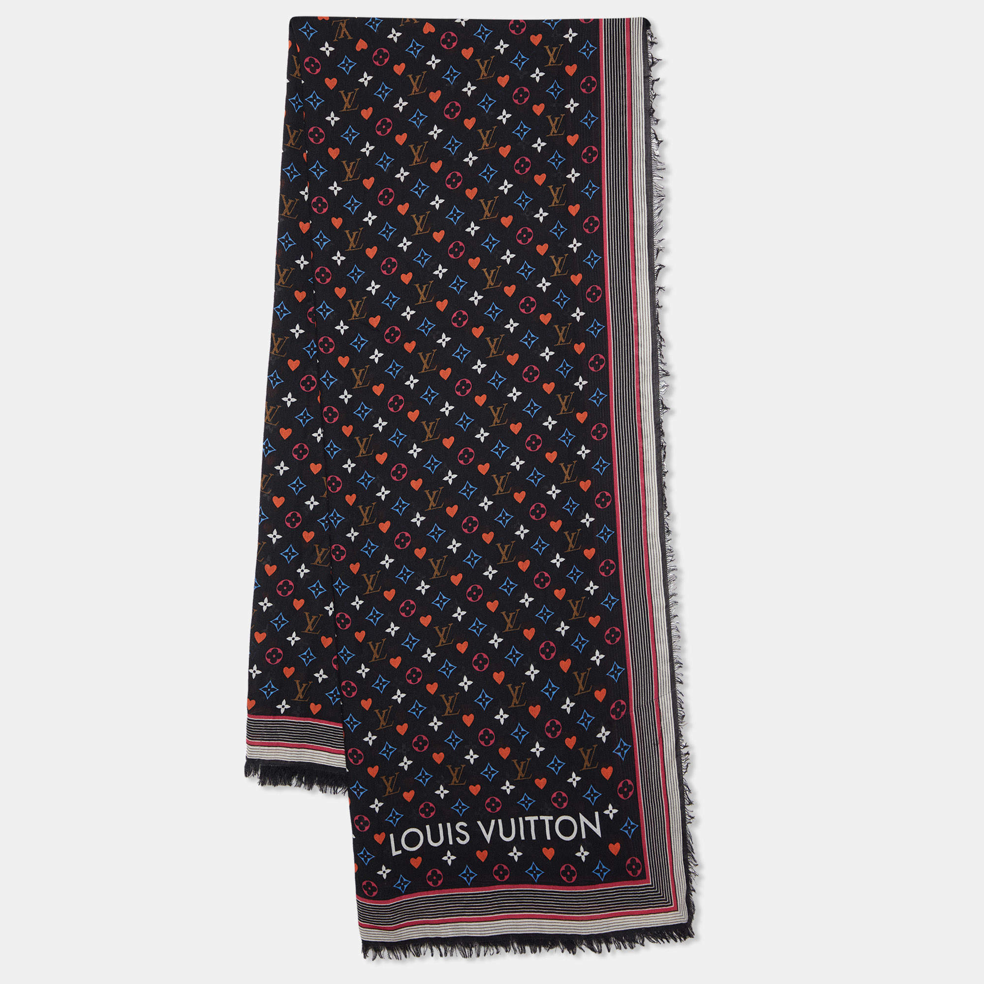 Pre Owned Louis Vuitton Black Game On Printed Wool Shawl