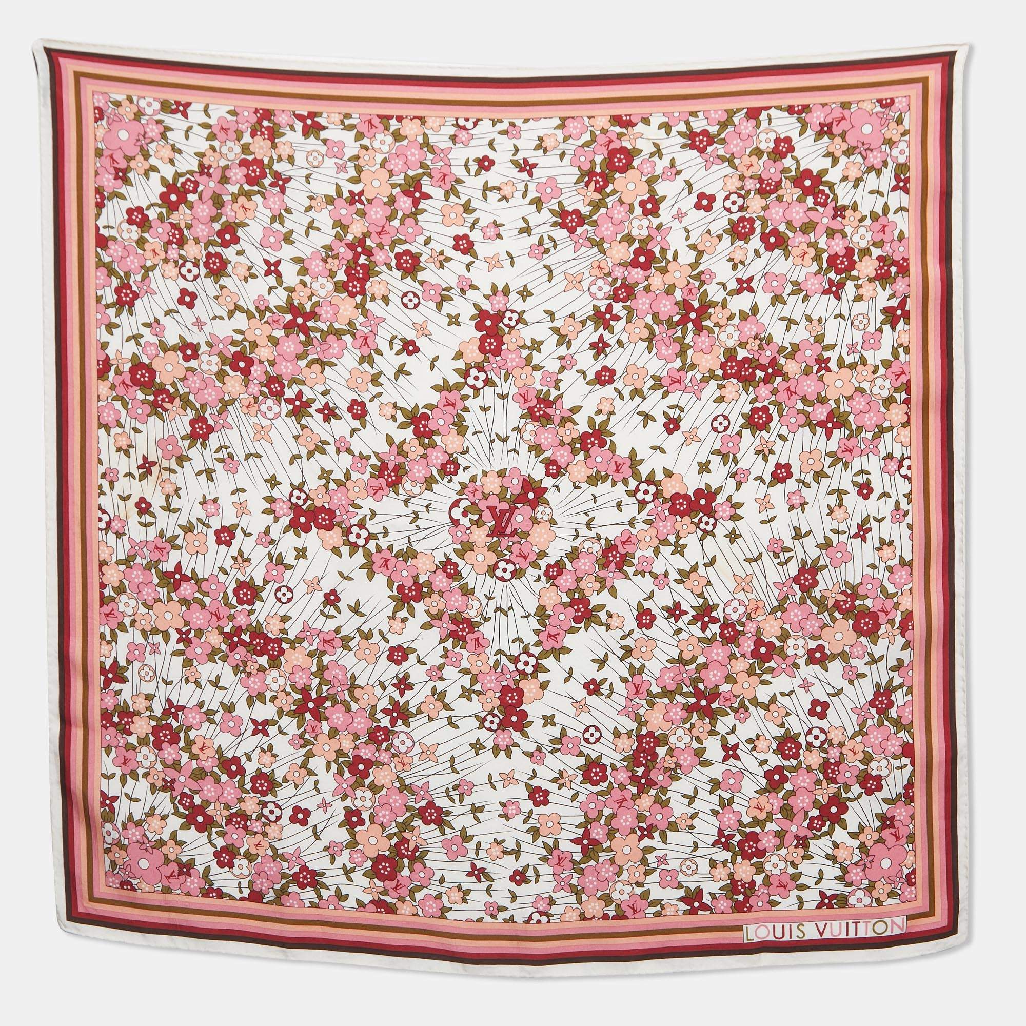 Pre Owned Louis Vuitton White/Maroon Floral Print Silk Olivia Scarf