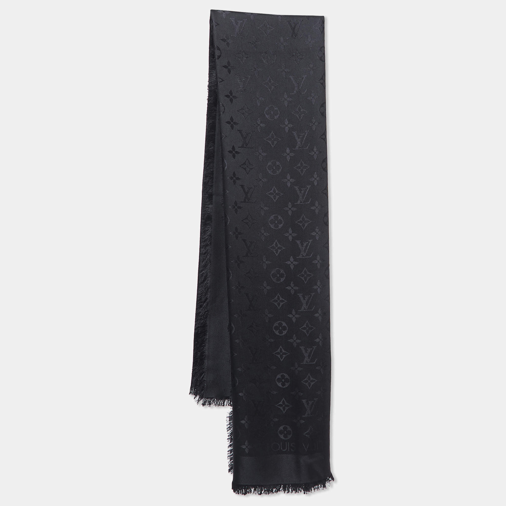 Pre Owned Louis Vuitton Black Silk & Wool Classique Monogram Shawl