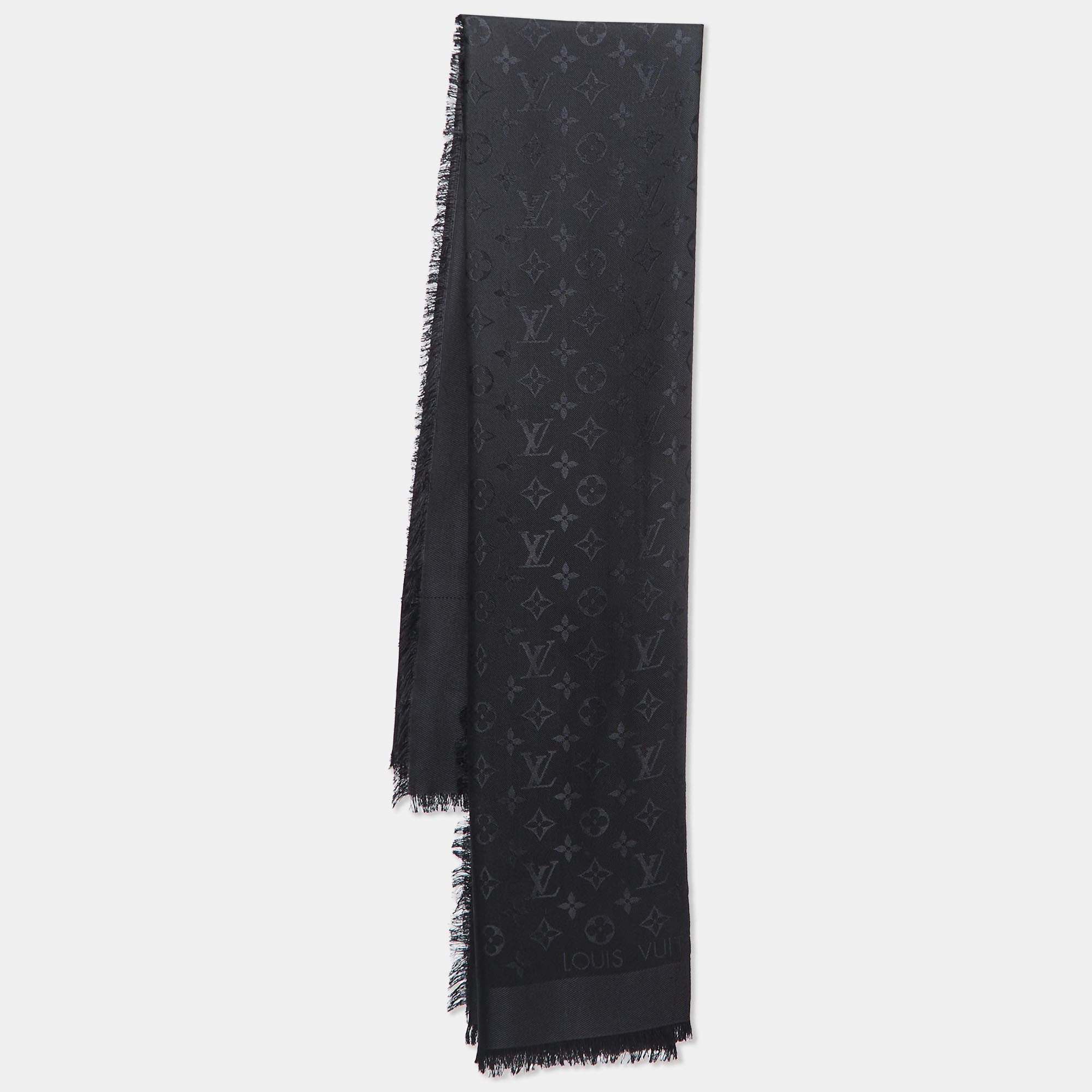 Pre Owned Louis Vuitton Black Silk & Wool Classique Monogram Shawl