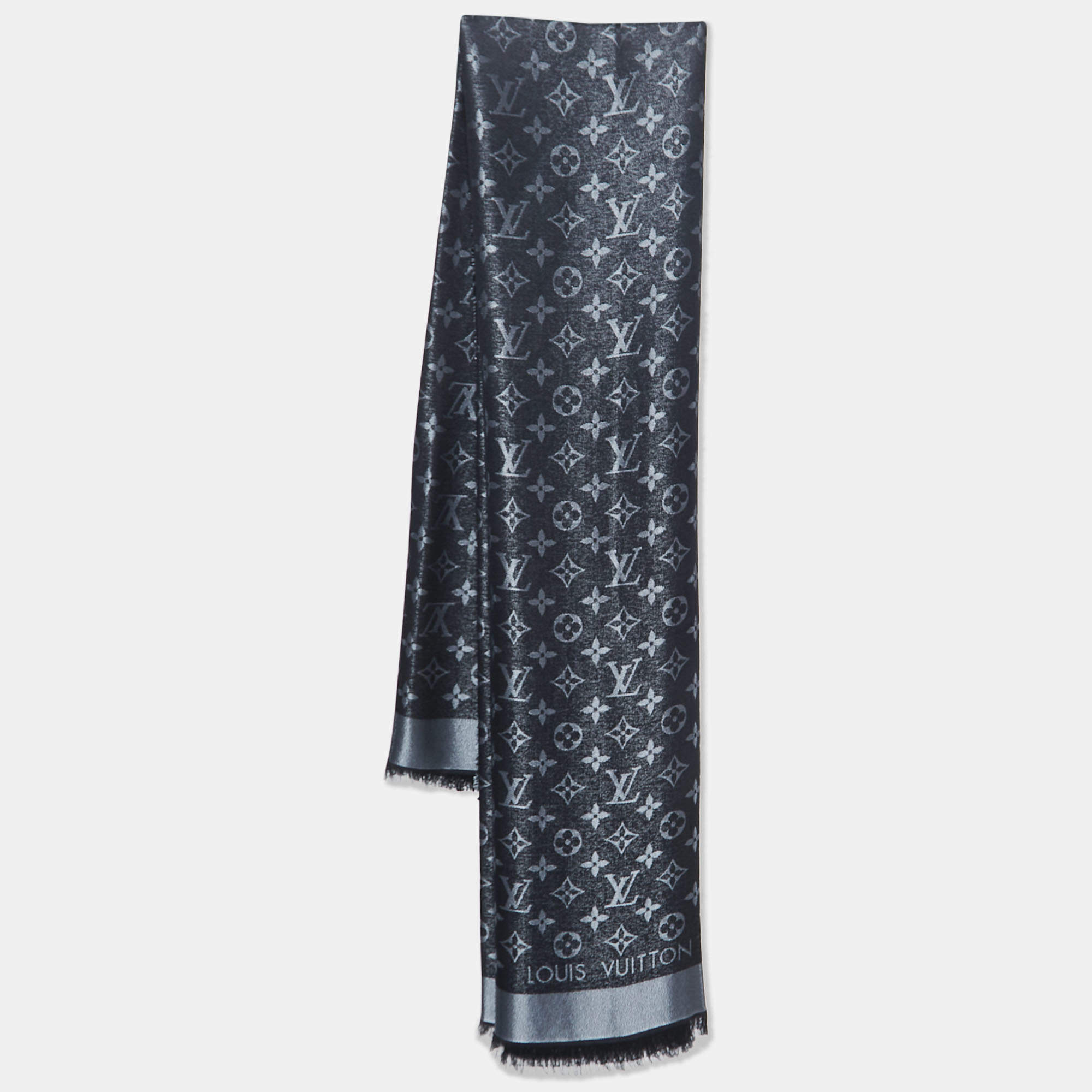 Pre Owned Louis Vuitton Black Silk & Wool Monogram Shine Shawl