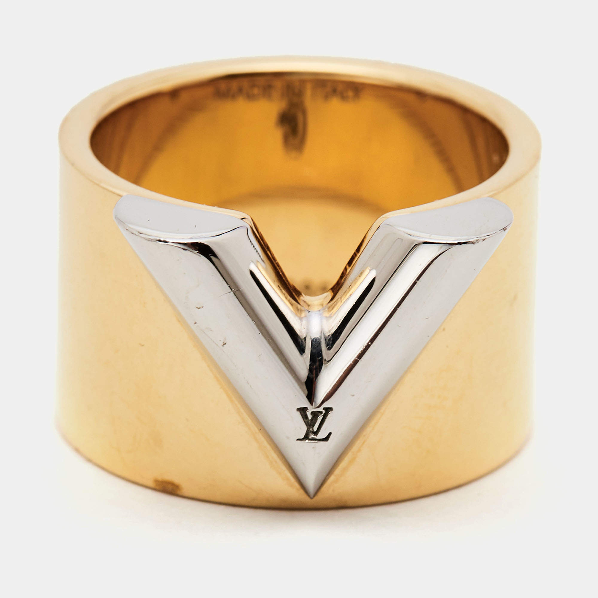 LOUIS VUITTON Essential V Ring gold & silver tones LV RING Sz M AUTHENTIC